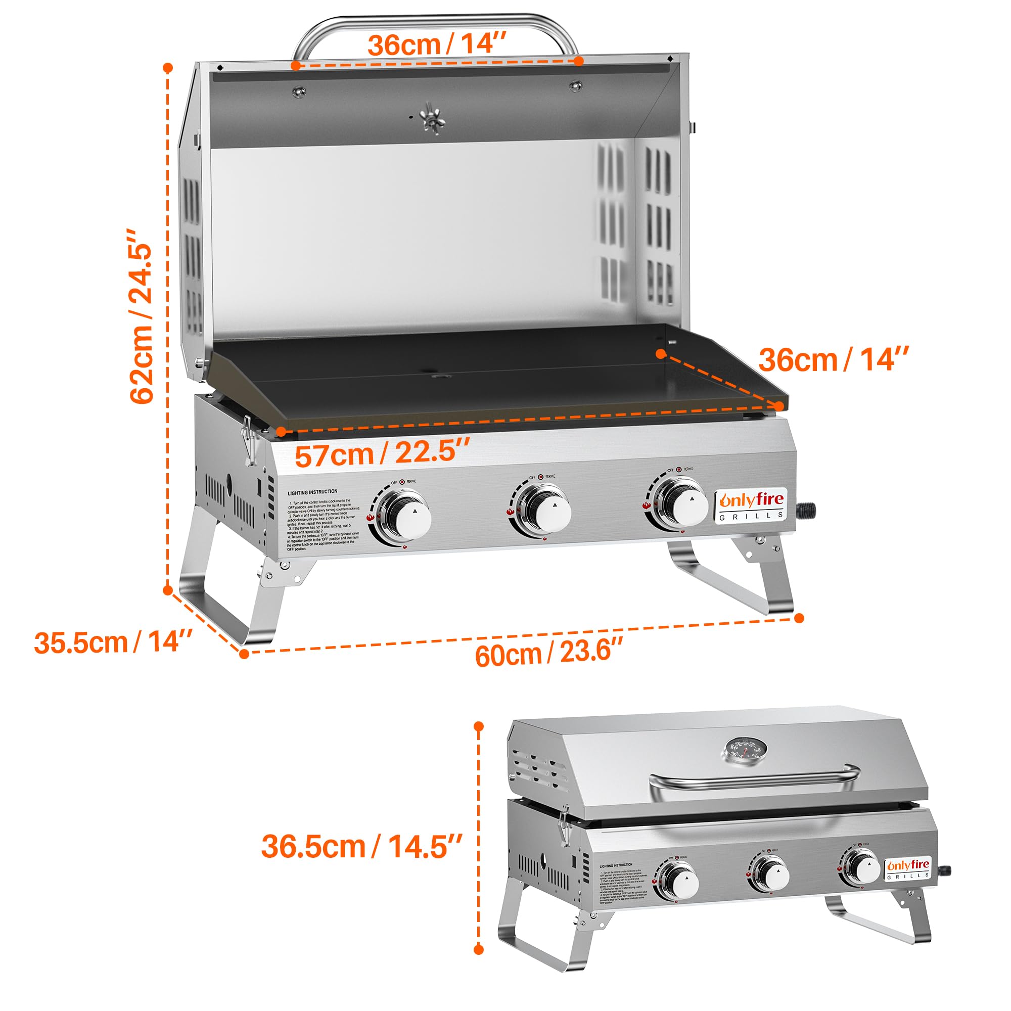 Onlyfire Tischgasgrill mit 3 Brenner | Edelstahl Plancha Gasgrill | mit Deckel, Grillplatte, Thermometer | Grillfläche 57 x 36 cm | Keramische Lackbeschichtung | BBQ Camping | Tragbarer Balkongrill