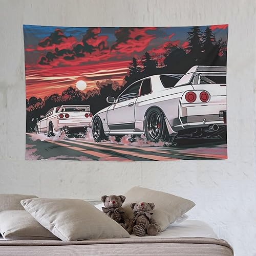 Miniatura 6 de QEOPGNE Tapiz japonés R32 para automóvil deportivo, arte de pared de automóvil retrowave de anime, decoración de pared de auto de carreras Jdm,