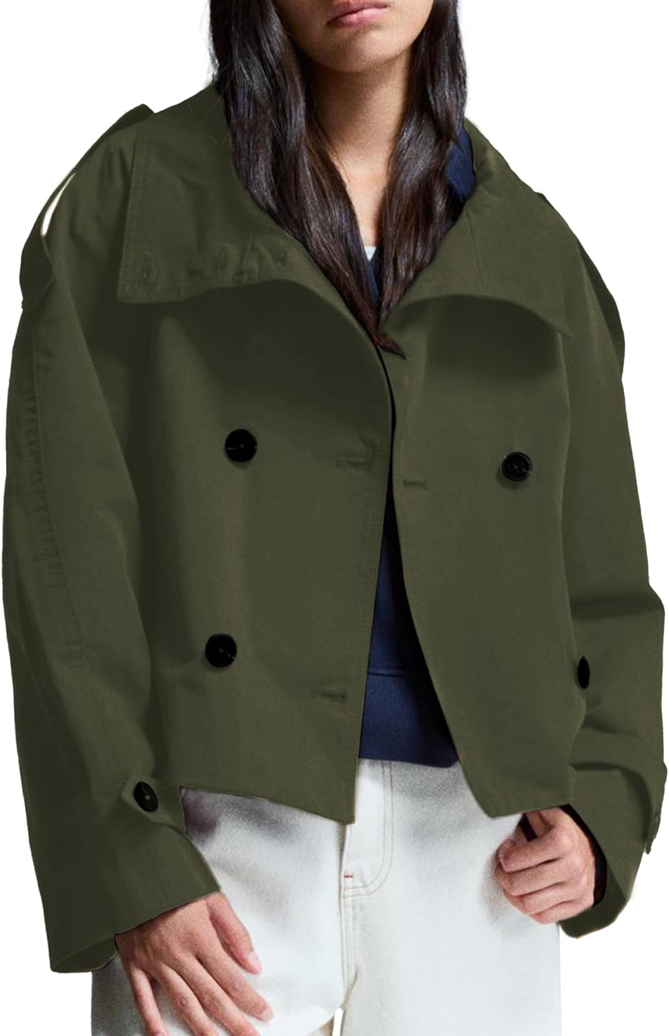 Women's Cropped Trench Coat Double Breasted Short Jacket High Collar Fall Winter Coats Trendy Outfit with Belt - Image 2