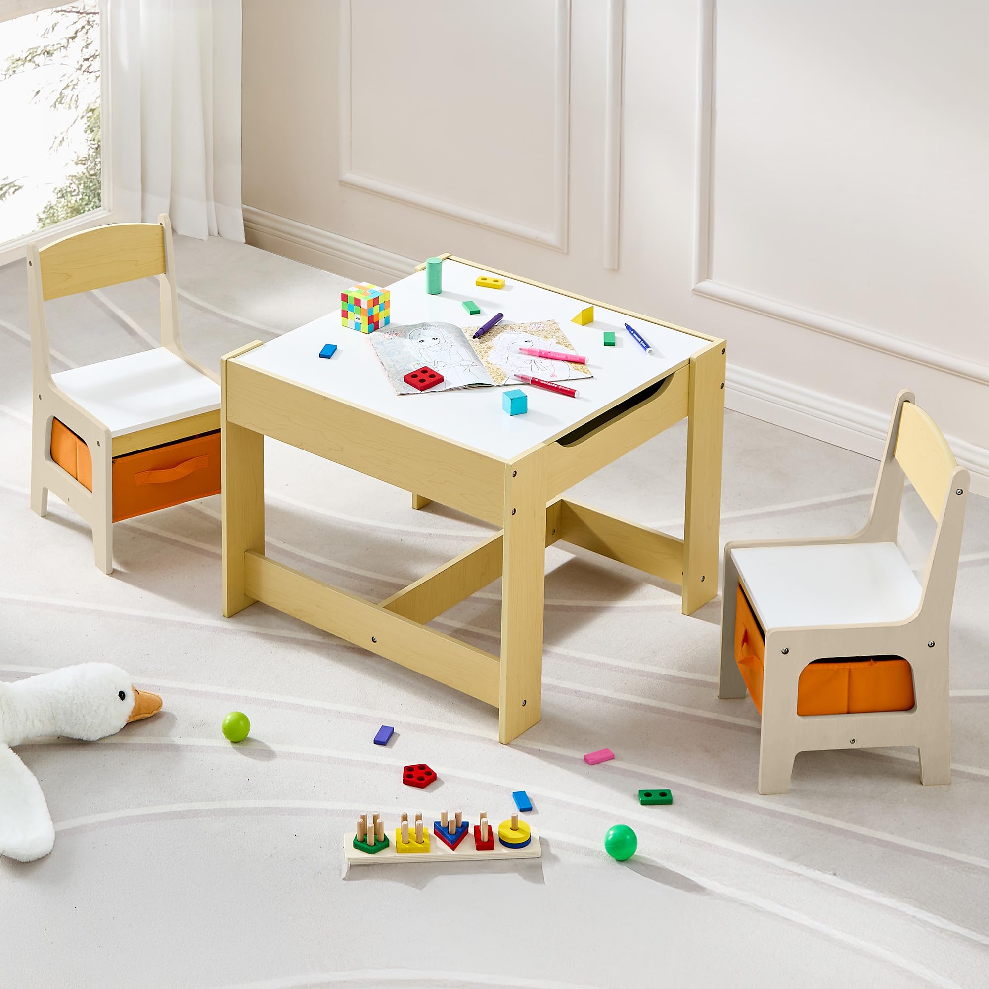 DOREROOM Kids Table and Chair Set, 3 in 1 Wooden Activity Table with Detachable Tabletop, Toddler Table and Chair Set with Storage Drawer, Kids Play