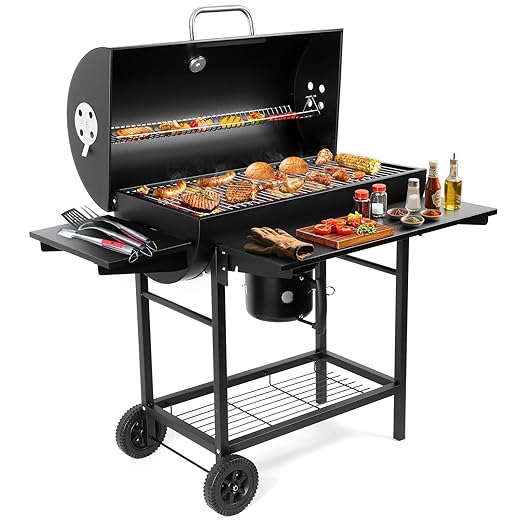 Charcoal BBQ Grills Outdoor: Spacious Barrel Barbecue Grill with Side Front Table - Premium BBQ Smoker Combo for Backyard Cooking Patio Grilling Tailgating Party Camping Picnic