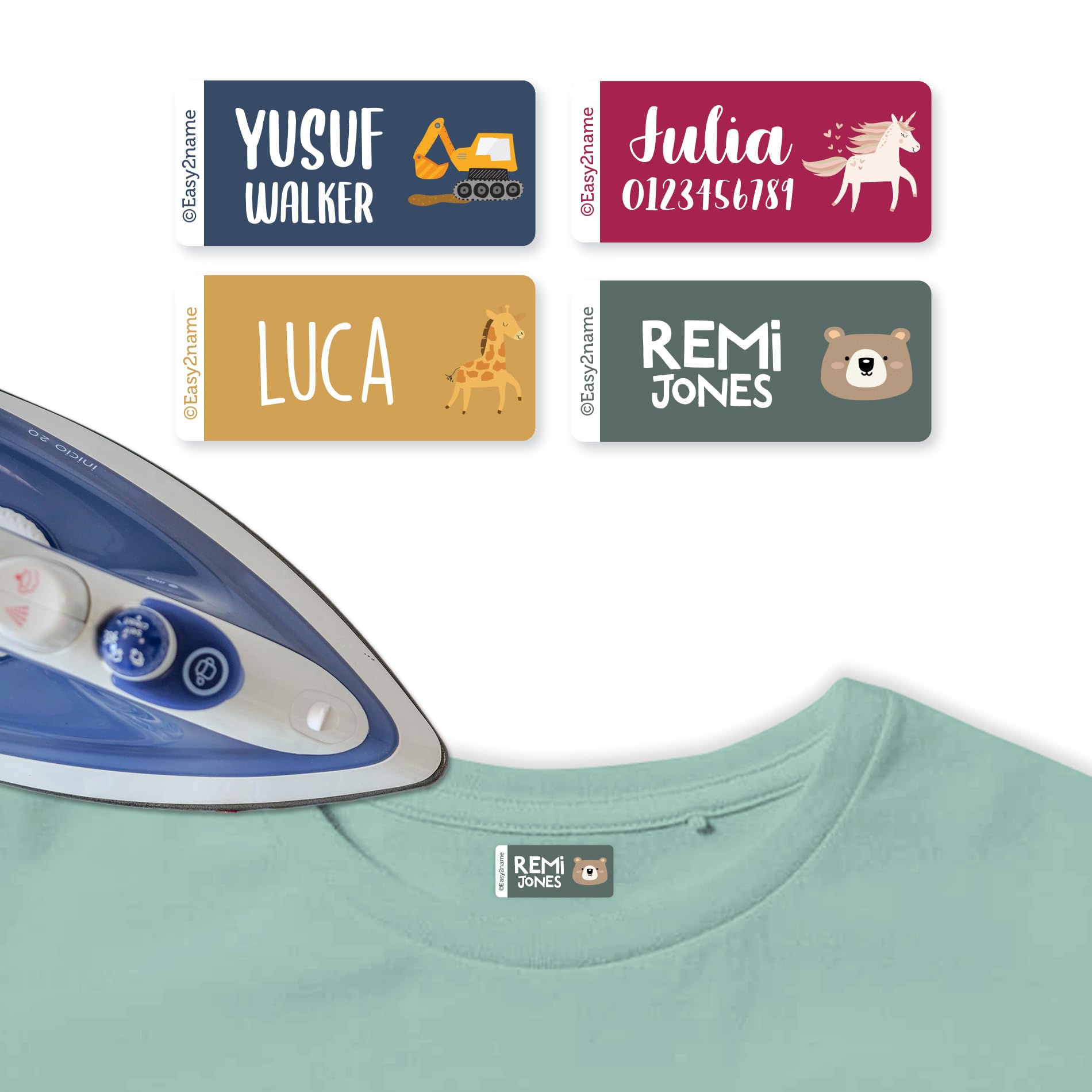 EASY2NAME Personalised Iron-On Name Labels with Themed Icons – Durable, Washable & Dryer-Safe. Ideal for School Uniforms & Clothing. 2.65x1.2cm Name Tags for Kids & Adults. (Harvest)