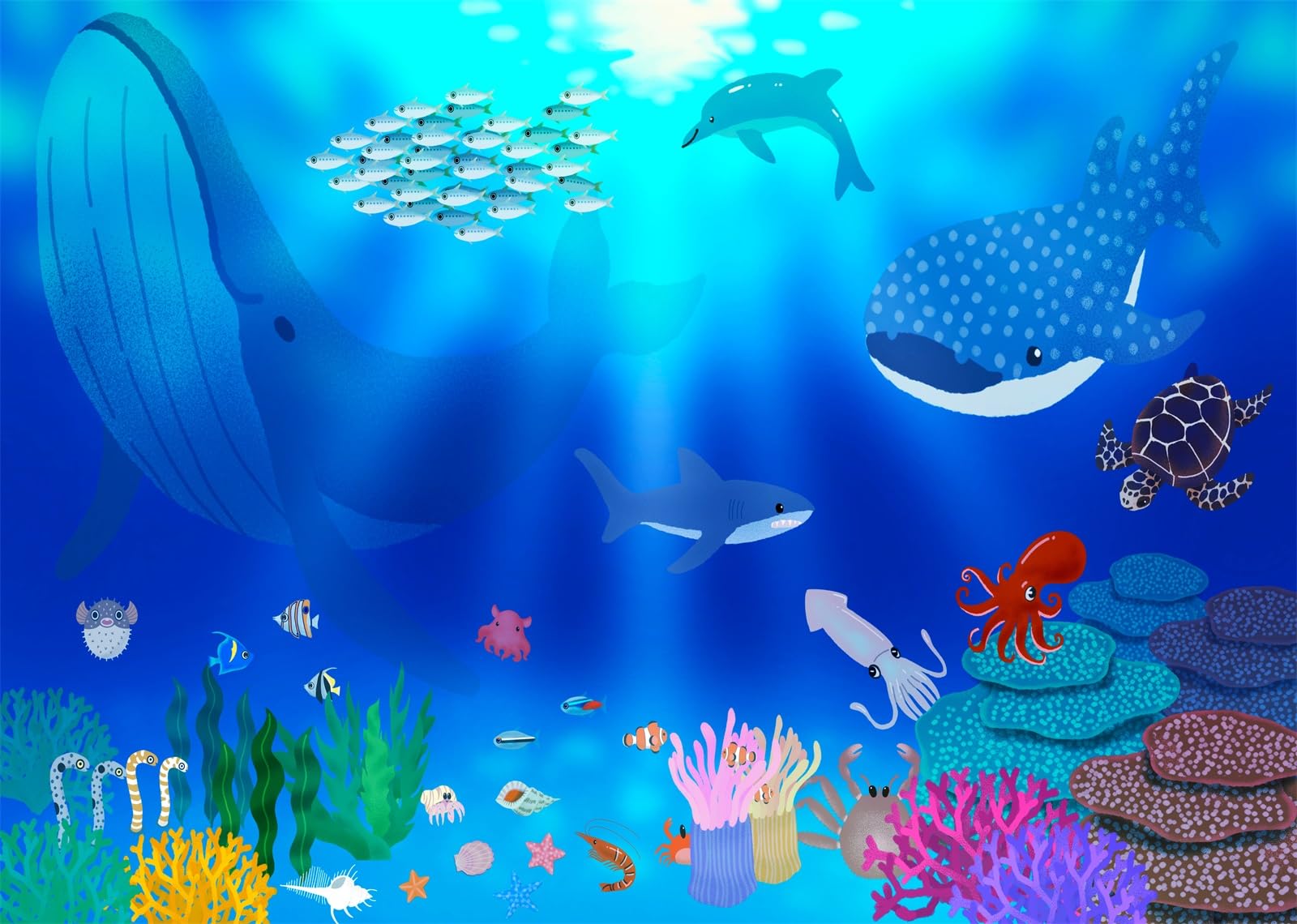 20x10FT (6x3m) Animali Sottomarini Colorati E Coralli Sfondo Fotografico | Avventura Oceanica Illustrata Fondale In Tessuto,Balene Delfini Tartaruga,Per Feste Marine E Foto Per Bambini,Photo Booth
