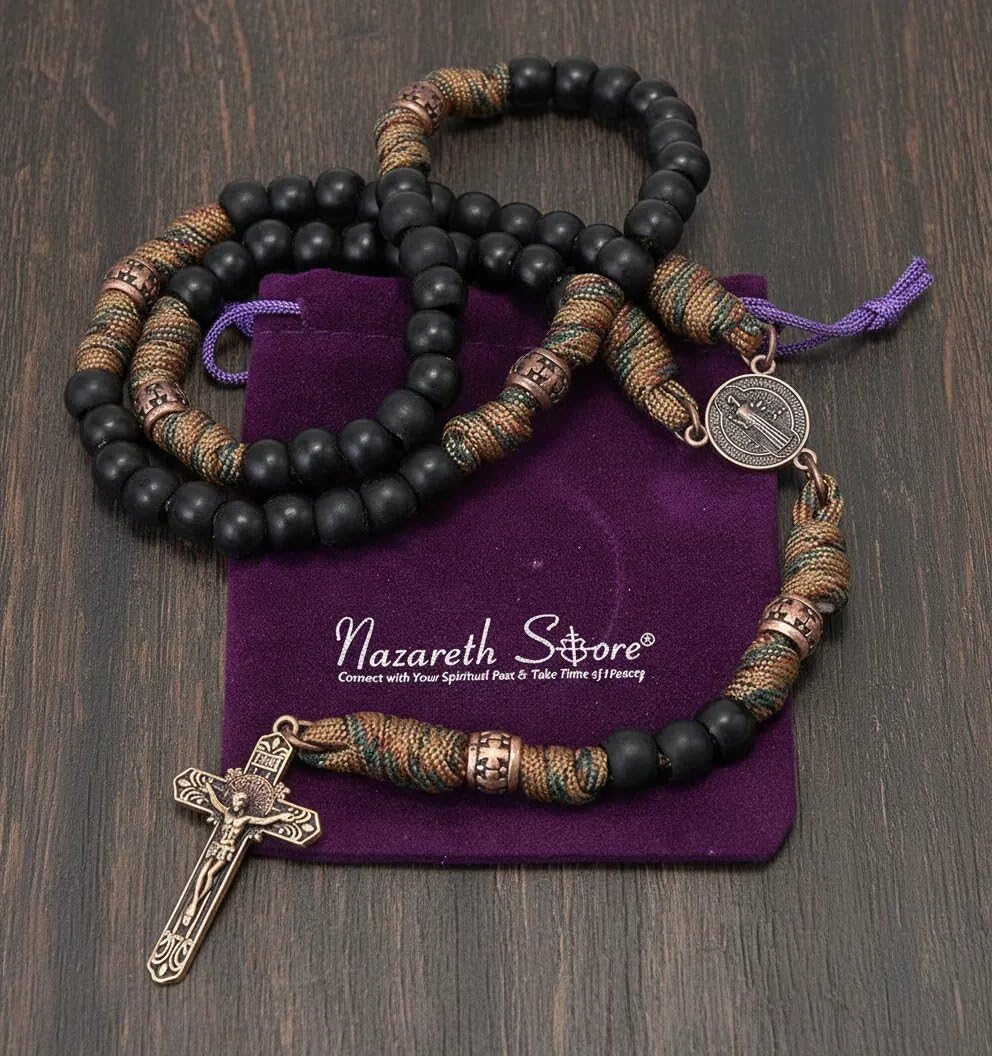 Sklep Nazareth Antique Bronze St Benedict Paracord Różaniec Czarne matowe koraliki Czerwony Biały Wytrzymały Różaniec Mocny sznurkowy naszyjnik