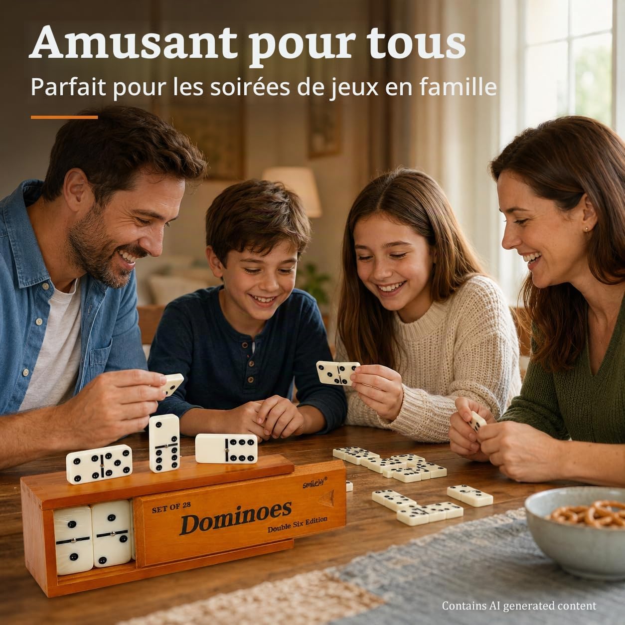 Smilejoy Dominos pour adultes – Dominos de taille Jumbo Double Six Edition – Jeux de société classiques – Ensemble de dominos épais double 6 avec boîte en bois marron de luxe, 28 carreaux (2 à 4