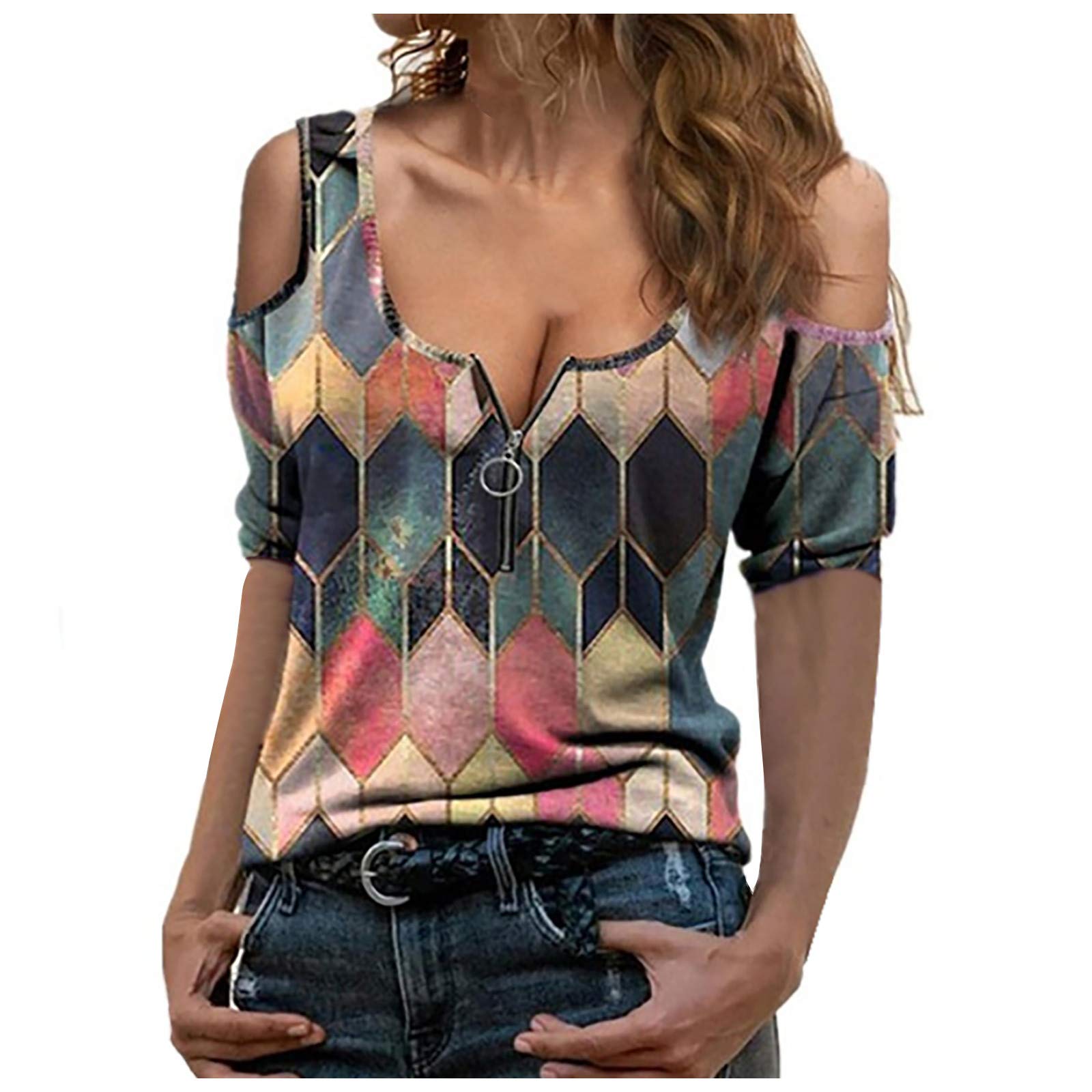 Janly Clearance Sale Ladies Blouse , Women's Fashion Casual Plaid Print Short Sleeve V-neck Zipper Off Shoulder Top , for St Patrick's Day Easter (Orange-S)