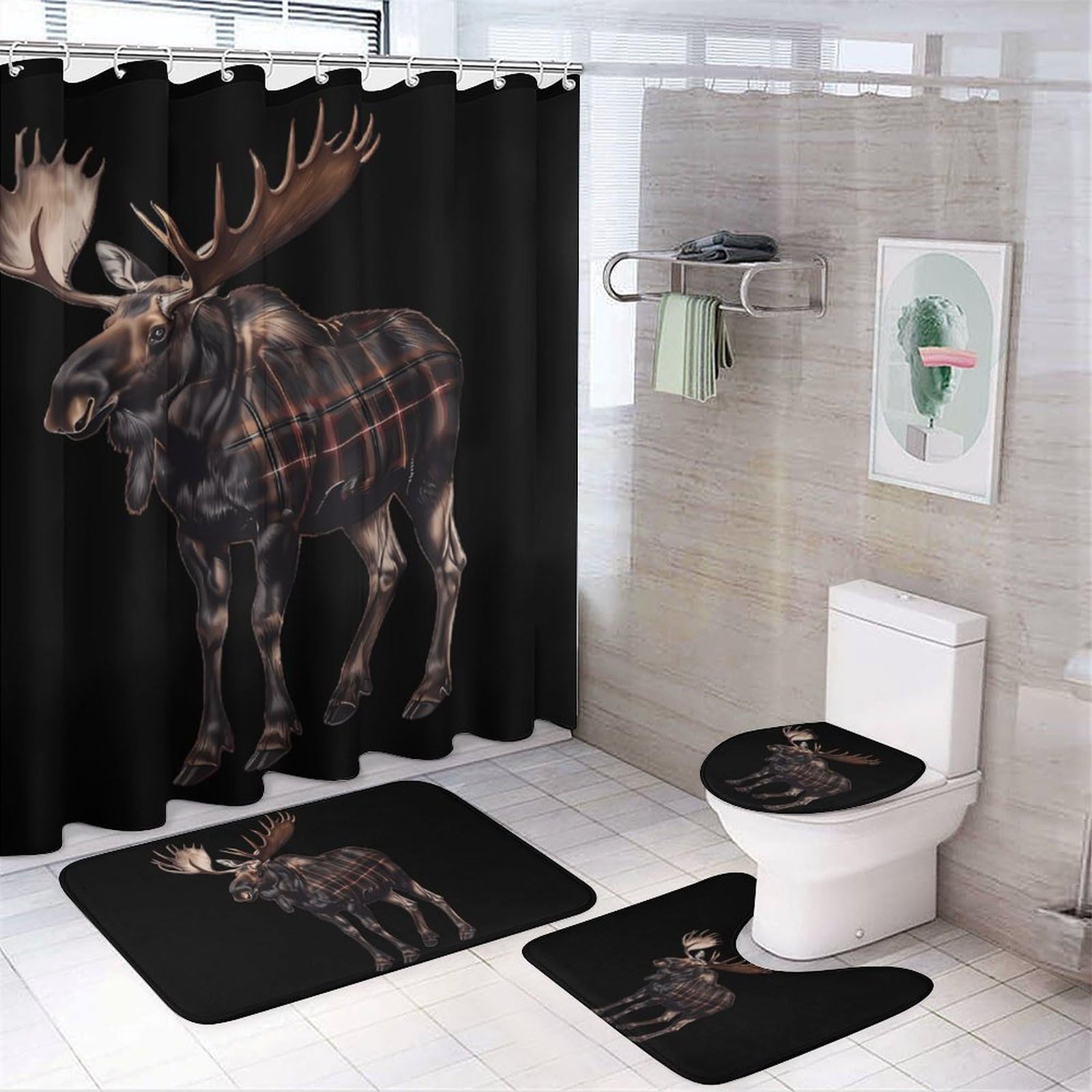 CGSBNGHA Moose Buffalo Scottish Tartan Plaid Checkered Shower Curtain Set 4 Piece Bathroom Sets with Rugs Toilet Lid Cover And U-Shaped Floor Mat