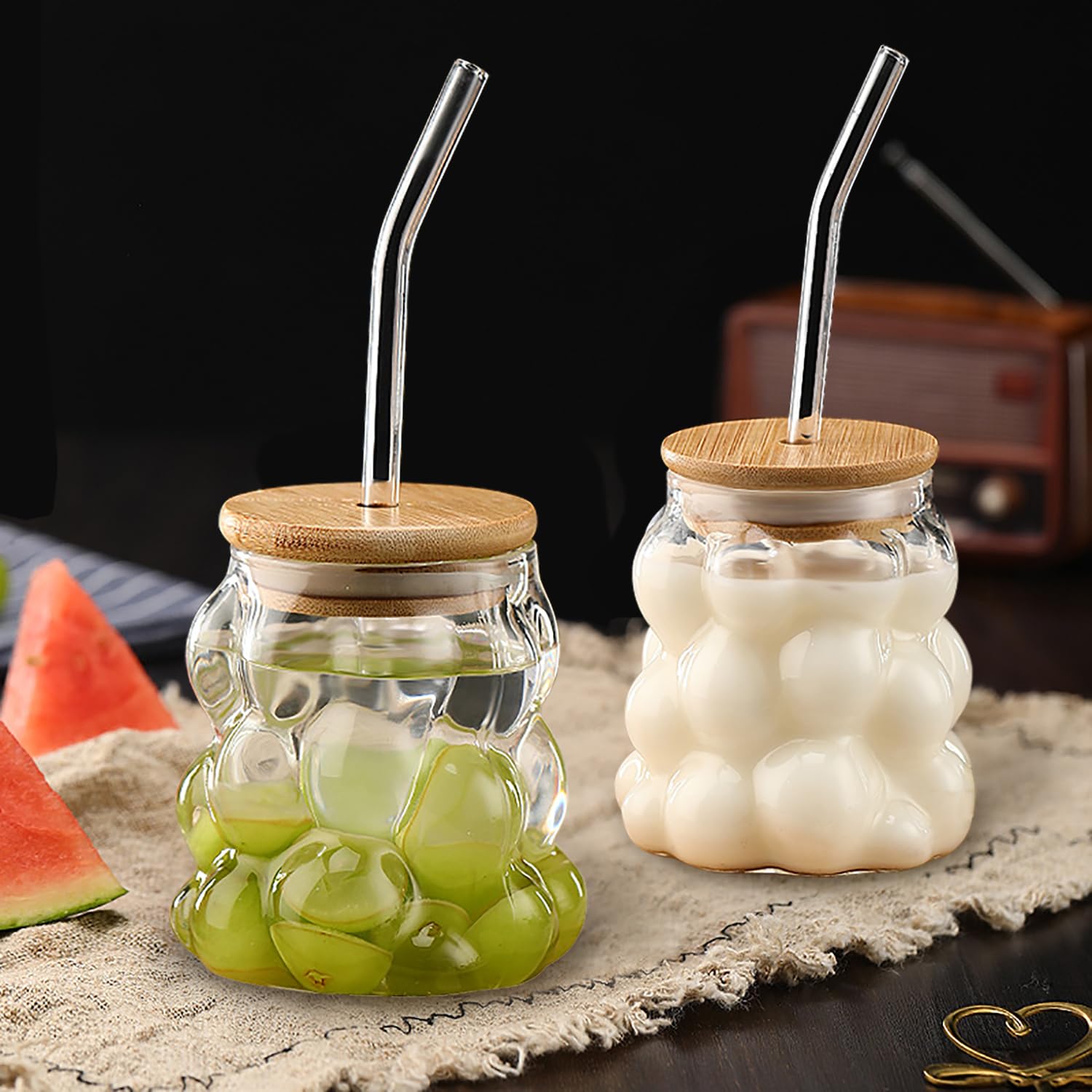 2 Pcs Creative Grape Shape Drinking Glasses with Bamboo lids and Glass Straw, 12 oz Drinking Reusable Aesthetic Cups for Water, Iced Coffee, Tea, Juice, Milk, Beverage, Beer, etc (Without Handle)