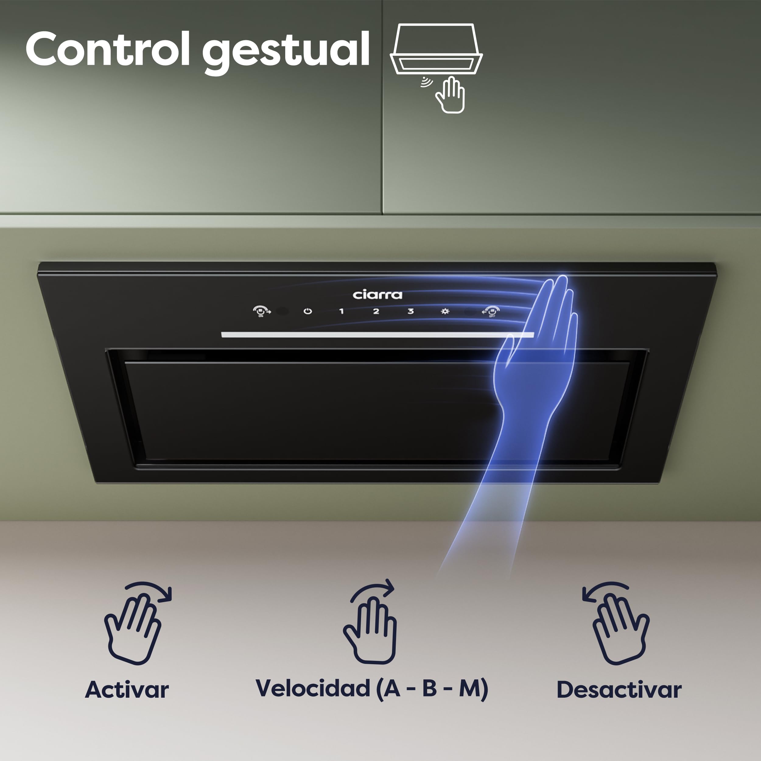 CIARRA CBCB5931A Campana Extractora Integrada de 52 cm Control de Onda 59dB | 466m³/h Ventilador Extractor de Cocina Integrado, Luz LED, Filtro de Carbono CBCF055 incluido