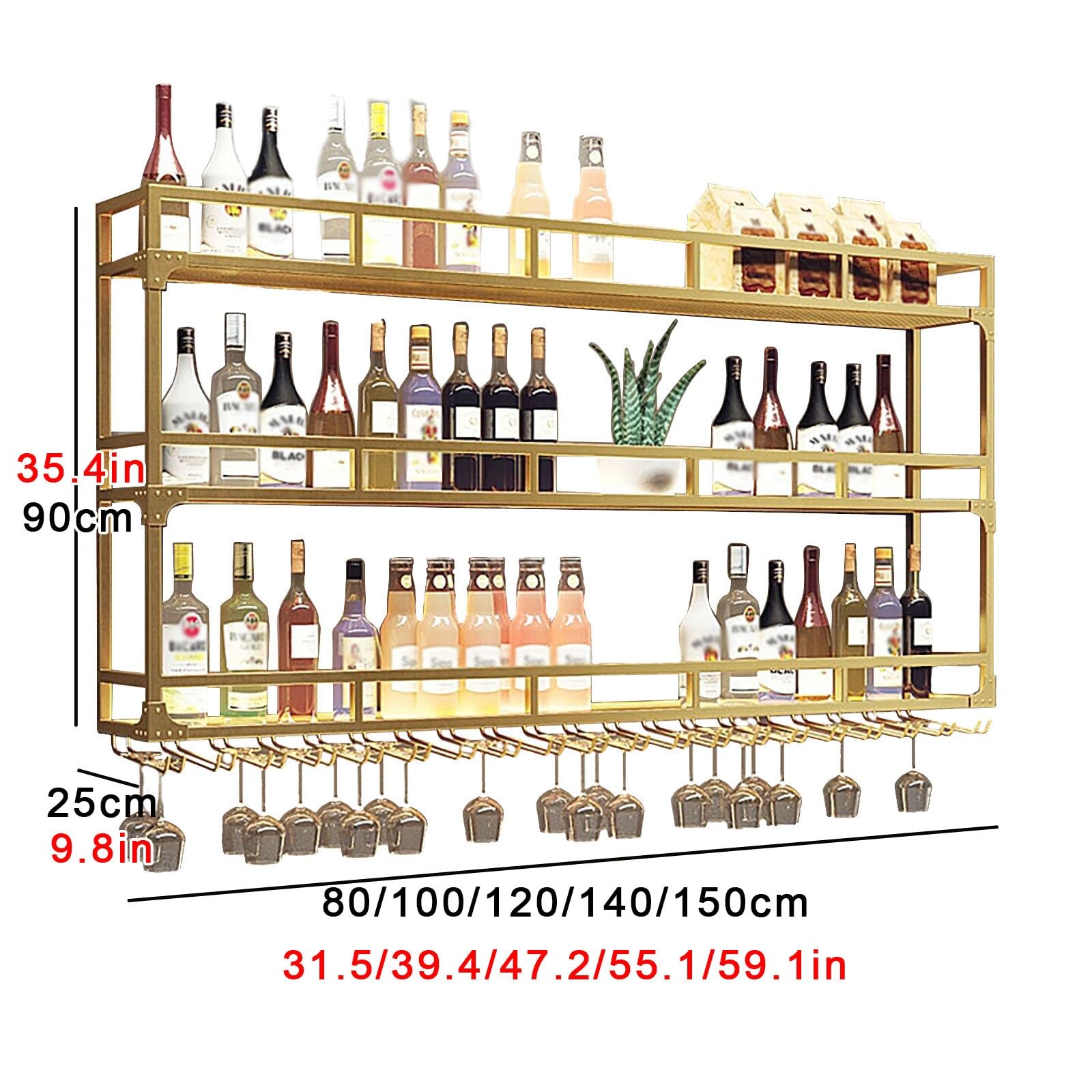 ISCBAFYX Stojak na wino LED montowany na ścianie z dużym uchwytem na kieliszki i metalową półką na alkohol 3-warstwowy stojak do przechowywania do kuchni lub salonu Złote wykończenie 120 cm