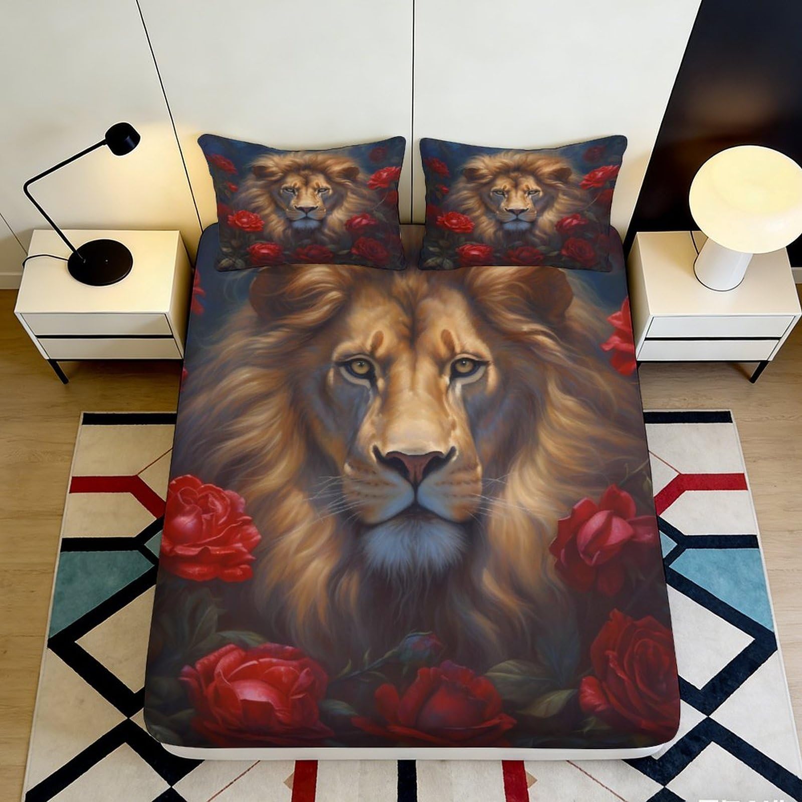 Uxinyoume Style-2 3D Printed Lion Rose Fitted Sheet Microfiber Soft Non Slip Mattress Cover For Bedroom Guest Room Decor 90X200x25cm