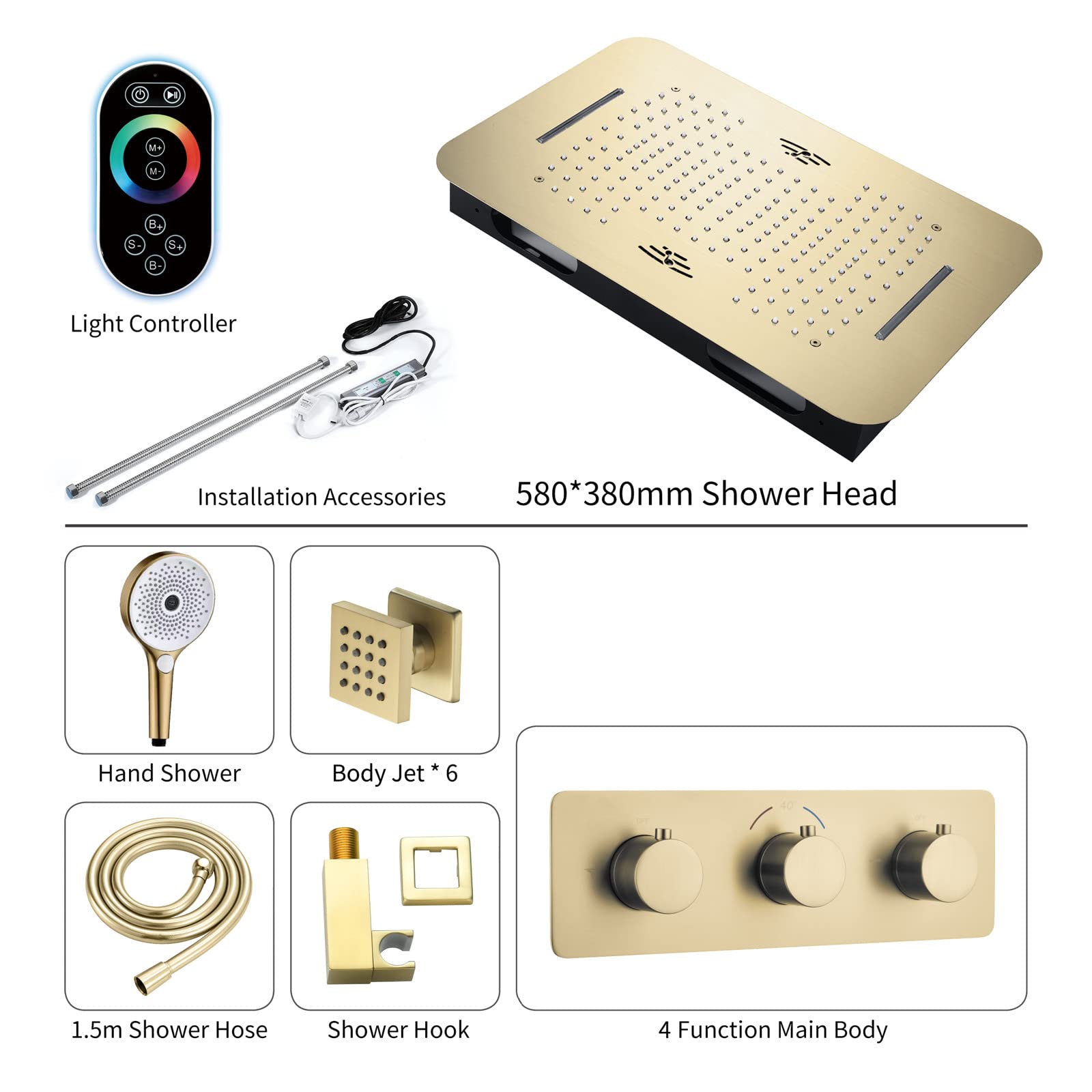 Termostatyczny system prysznicowy, zestaw prysznicowy z muzyką Bluetooth, 58 x 38 cm, system prysznicowy z deszczownicą ręczną, 6 zestawów armatury spa Body Combo