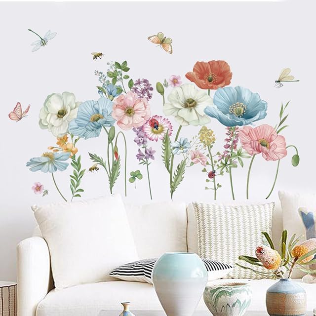 wondever Watercolor Poppy Floral Wall Stickers Garden Flower Butterfly Peel and Stick Wall Art Decals for Bedroom Living Room TV Wall