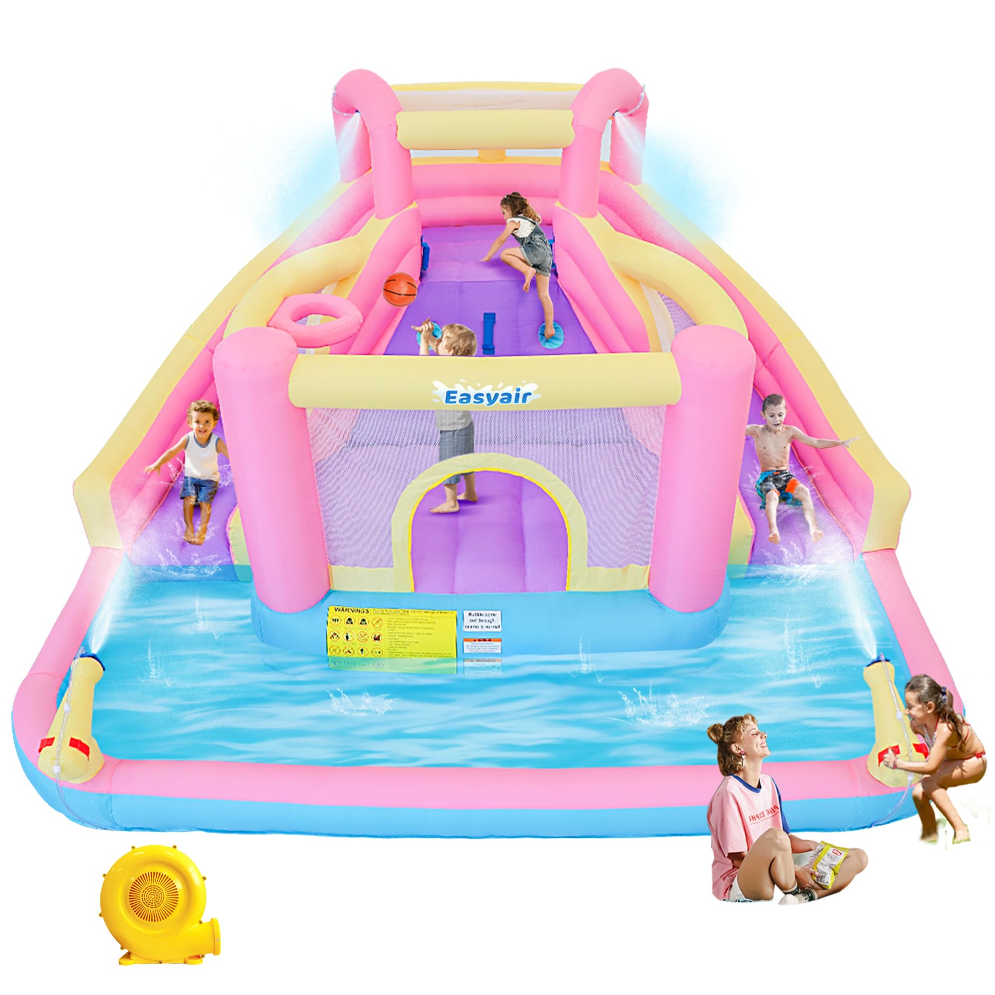 Photo 1 of Easyair Inflatable Water Slide Bounce House for Kids, 12.1 FT x 10.3 FT Small Water Park Bouncy Castle, Double Slides, Jumper, Climbing Wall, Basketball Hoops, Included Blower