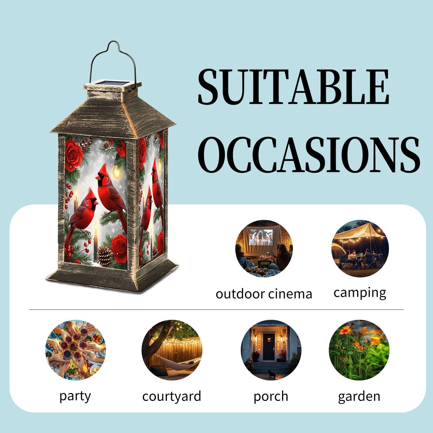 Solar Lantern Cardinal Birds Red Roses Winter Decor Snowy Setting Garden Hanging Lantern Waterproof Solar Powered Lighting Outdoor Table Lamp for Deck Yard Camping Patio Decor