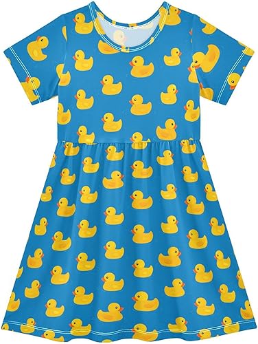 Cute Yellow Rubber Duck Girls' Short Sleeve Dress Girls' Dress for Summer Quick-