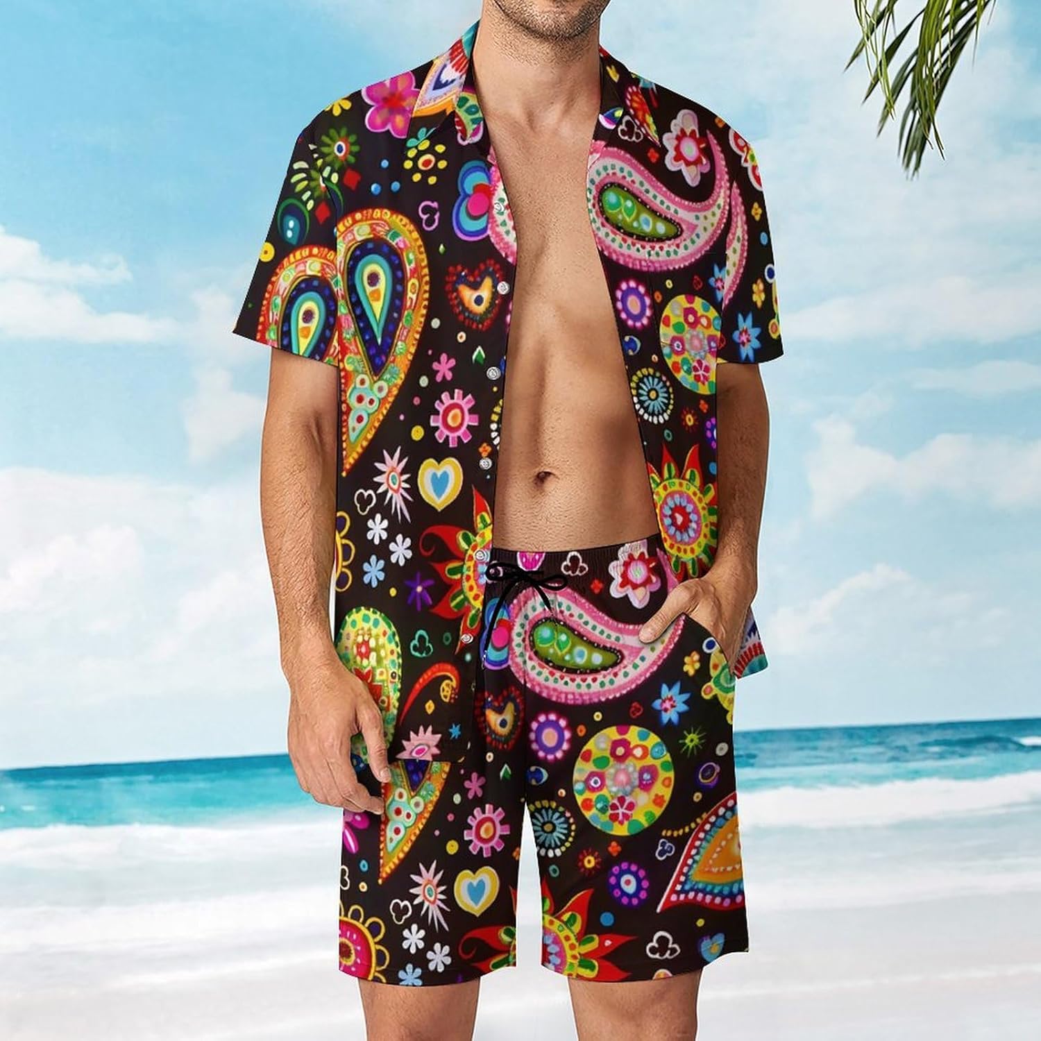 Paisley Flowers Men's Summer Beach Outfits Shirt And Shorts Set 2 Piece Vacation Swimwear