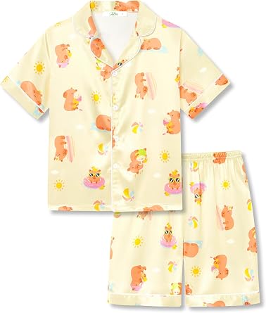 Tebbis Girls Silky Satin Pajamas Short Sleeve Button-Up Set Size 6/7-16