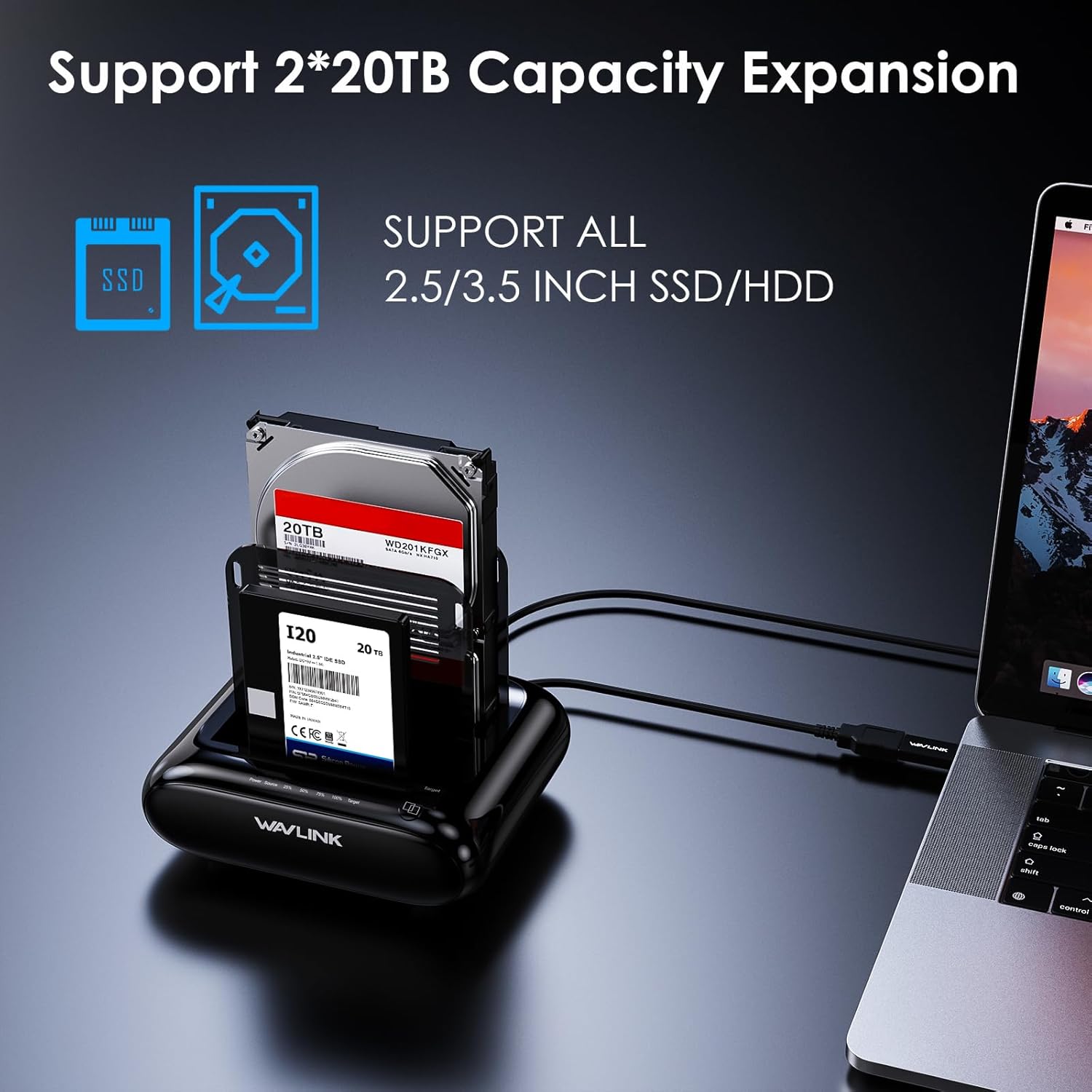 WAVLINK Dual Bay Hard Drive Docking Station - USB 3.0 to SATA I/II/III for 2.5" & 3.5" HDD/SSD with Fixed Bezel, Supports Offline Clone/Duplicator Function, Supports 2x20TB with UASP 6Gbps - Black