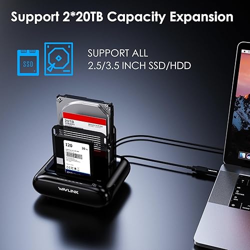 Miniatura 3 de WAVLINK Estación de acoplamiento para disco duro de doble bahía, USB 3.0 a SATA IIIIII para HDDSSD de 2.5 o 3.5 pulgadas con bisel fijo, función de