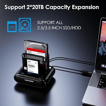 WAVLINK Dual Bay Hard Drive Docking Station - USB 3.0 to SATA I/II/III for 2.5 & 3.5 HDD/SSD with Fixed Bezel, Supports Offline Clone/Duplicator Function, Supports 2x20TB with UASP 6Gbps - Black