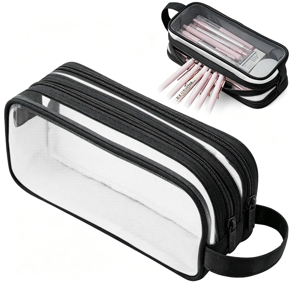 SENLINLU Pencil Case, Large Capacity Clear Transparent Mesh Pencil Pouch with Zipper, Dual 2 Compartments Portable Multifunctional Stationery Makeup Bag for Exam School Office Boys Girls Students