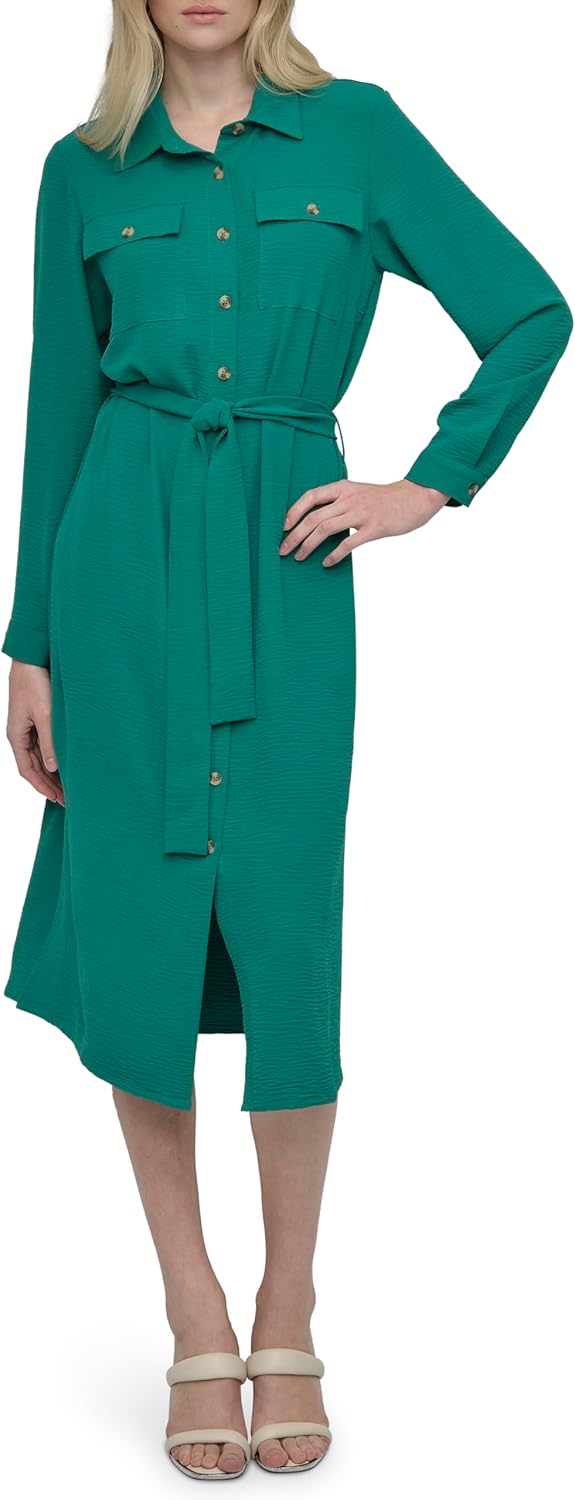 DKNY Womens Long Sleeve Collared Tie Midi Shirtdress - Image 2