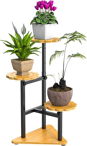 Soporte de esquina de 3 niveles para plantas de interior, soporte ajustable para plantas pequeñas con diseño de ranura antideslizante, estantes para