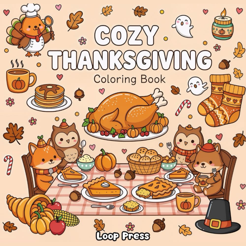 Cozy Thanksgiving Coloring Book: Bold & Easy Designs for Adults and Kids of Simple Harvest Scenes, Adorable Animals, and Hygge Fall Moments for Stress Relief