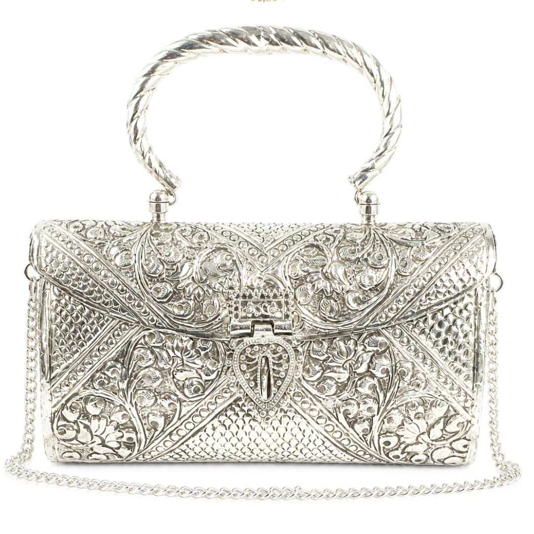 Women’s Antique Silver Clutch Purse with Detachable Sling Chain | Premium Embossed Metal Evening Handbag for Wedding, Party, Festive & Ethnic Wear-image-37