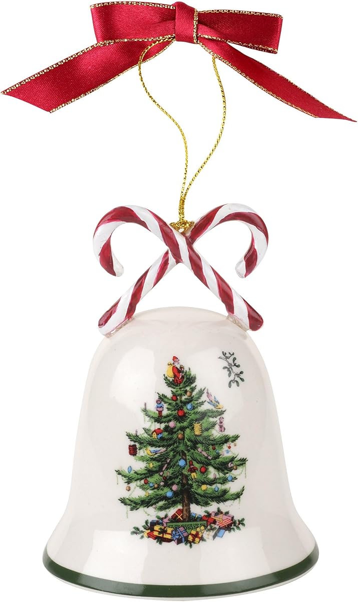 Spode Adorno colgante de campana de bastón de caramelo para árbol de Navidad | Decoración de árbol navideño de loza con lazo de cinta roja, recuerdo navideño para árbol, repisa, estante y exhibición de mesa