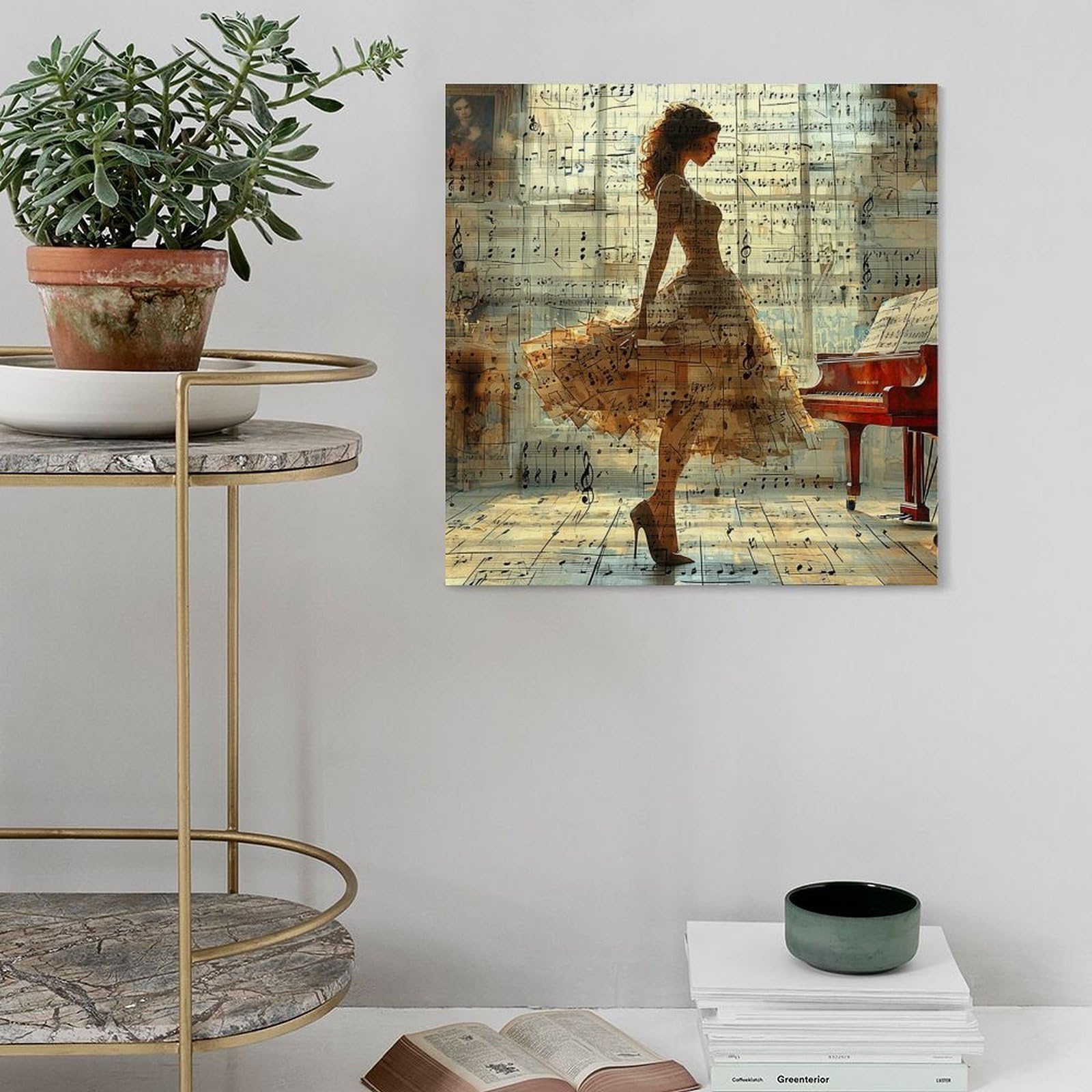 Decorazione da parete per sala musicale, poster con pianoforte e donna, poster su tela, decorazione per camera da letto, ufficio, stanza, regalo, 61 cm di lunghezza x 61 cm di larghezza