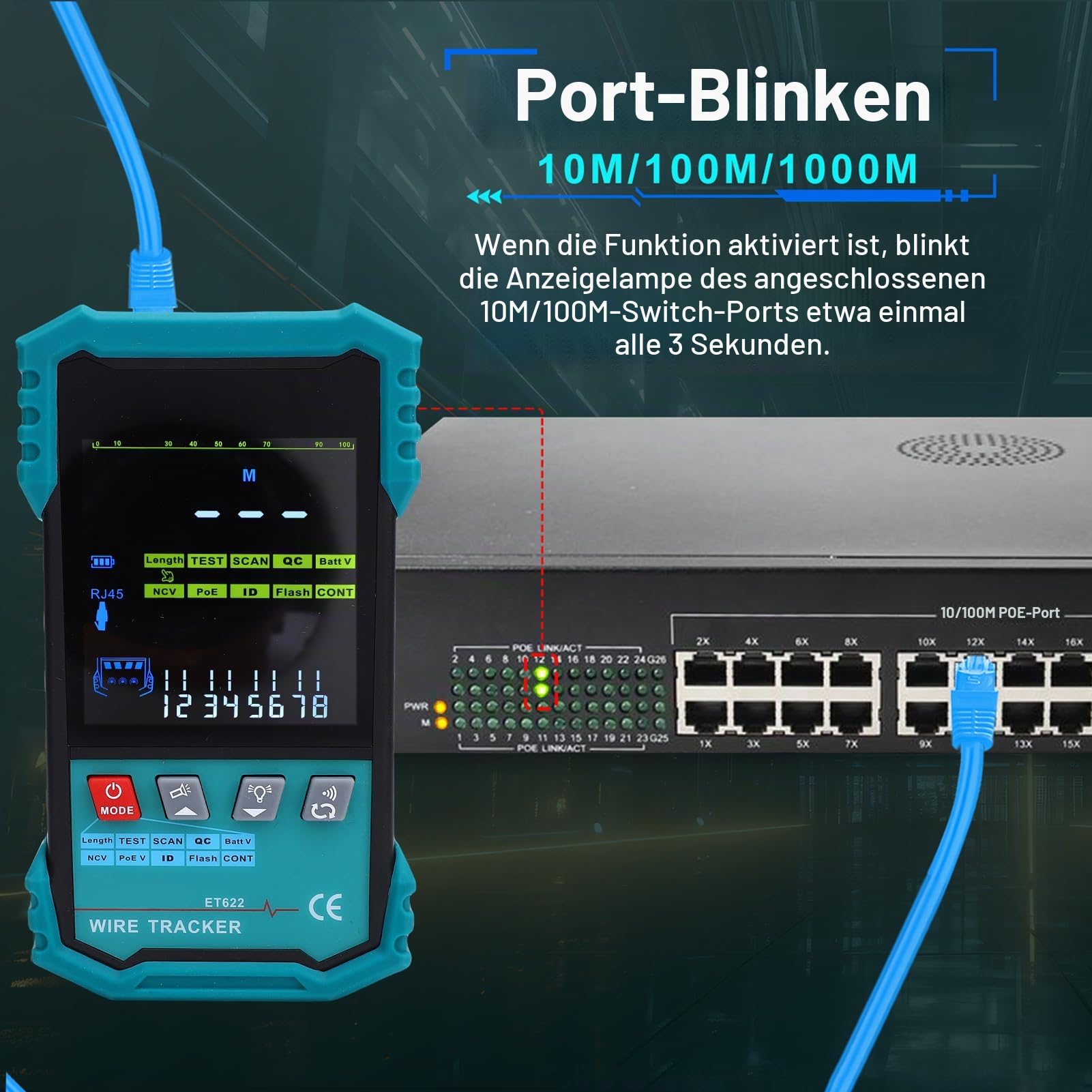 Netzwerk Kabeltester mit POE-Spannungserkennung, Kabel-Tracker, RJ45-Längenmessung (400 m), Kabeldurchgangsprüfung, blinkende Portanzeige, LAN-Testkit für Ethernet-/Internet-Wartung