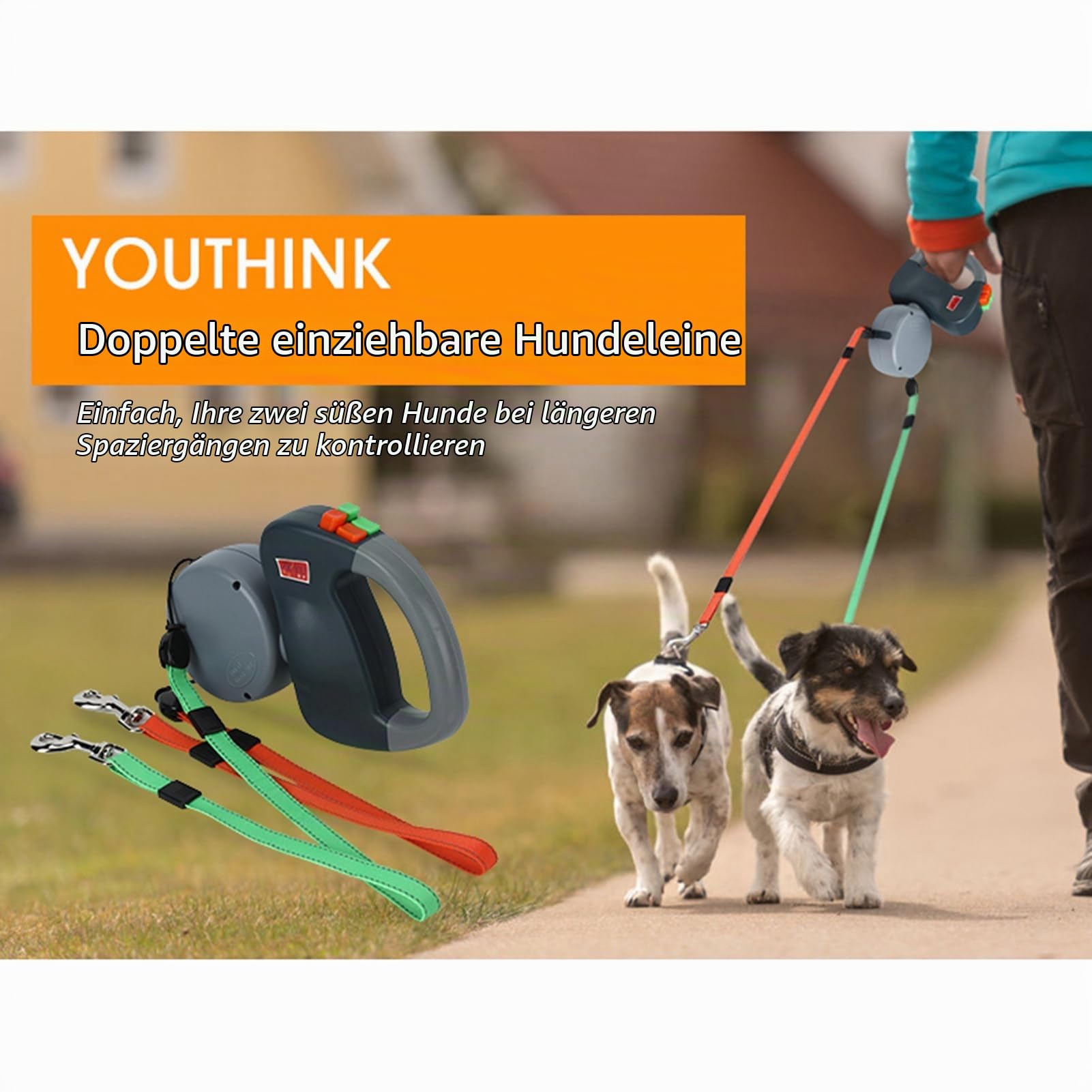 lyrlody 3 Meter Doppelte Hundeleine, Einziehbare Hundeleine für 2 Hunde, Ausziehbare Leine, Reflektierendes Seil, Reißfest(Grau)