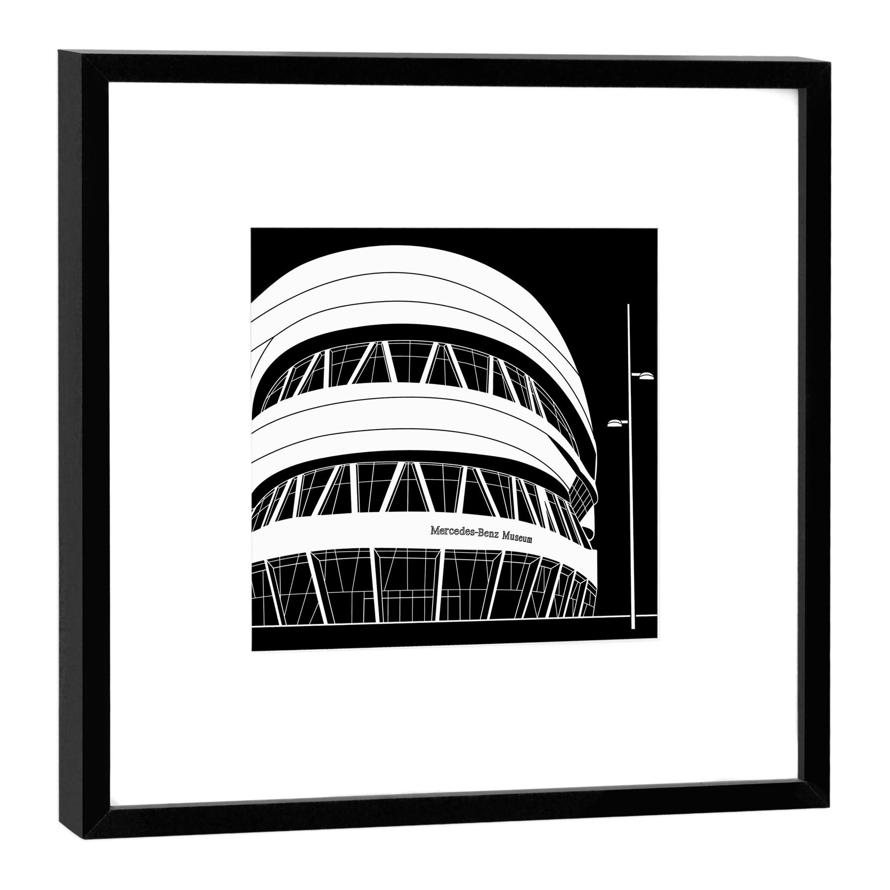 Stampa Fotografica su Cornice in Legno - Stampa Artistica - Formato: 27 x 27 cm - Colore Telaio: Nero - Motivo: Stoccarda, Mercedes Benz-Museum, Legno Bianco