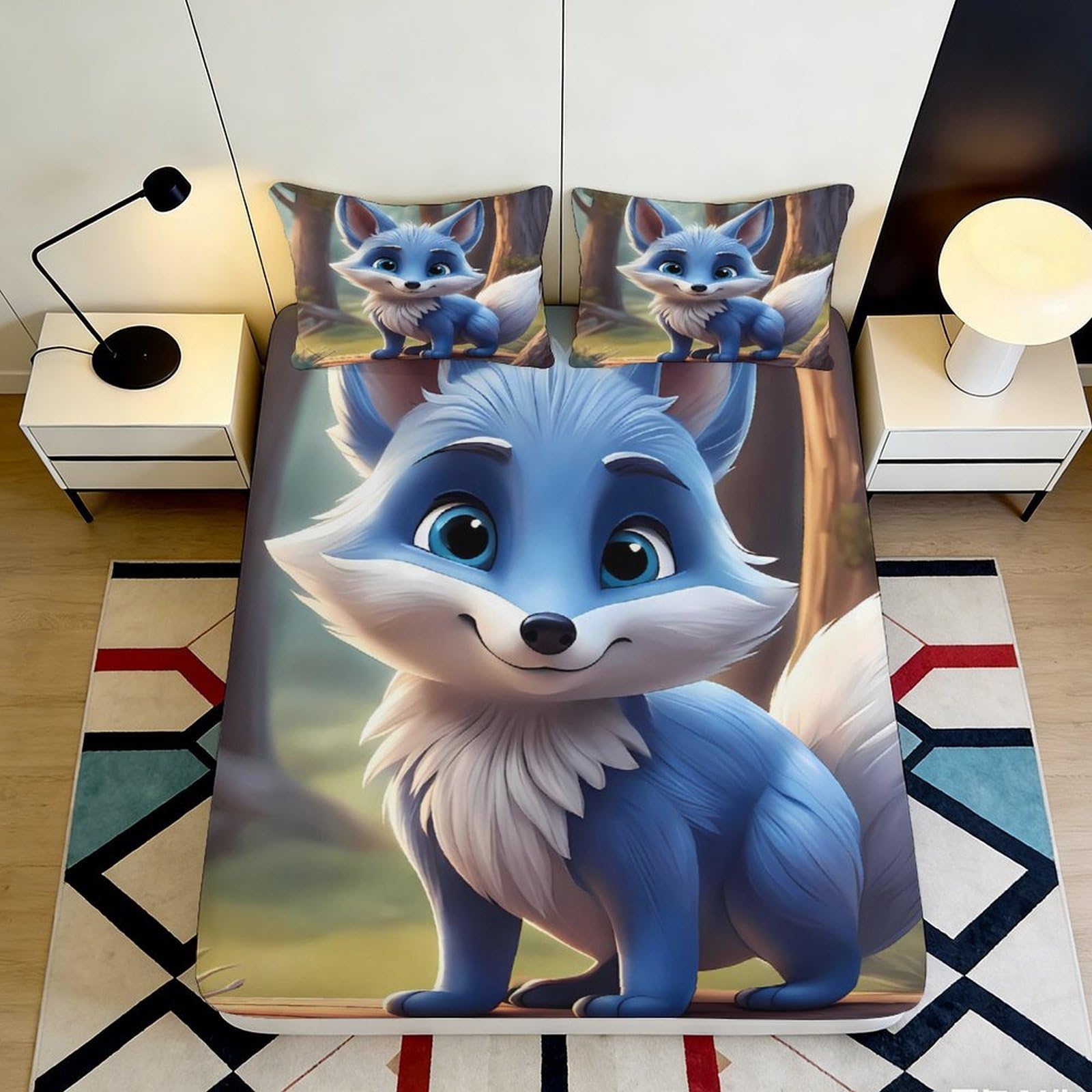 3D Printed Blue Fox Fitted Sheet Microfiber Soft Bedroom Decor Forest Animal Mattress Cover for Home Adults Teens 90x200x25cm
