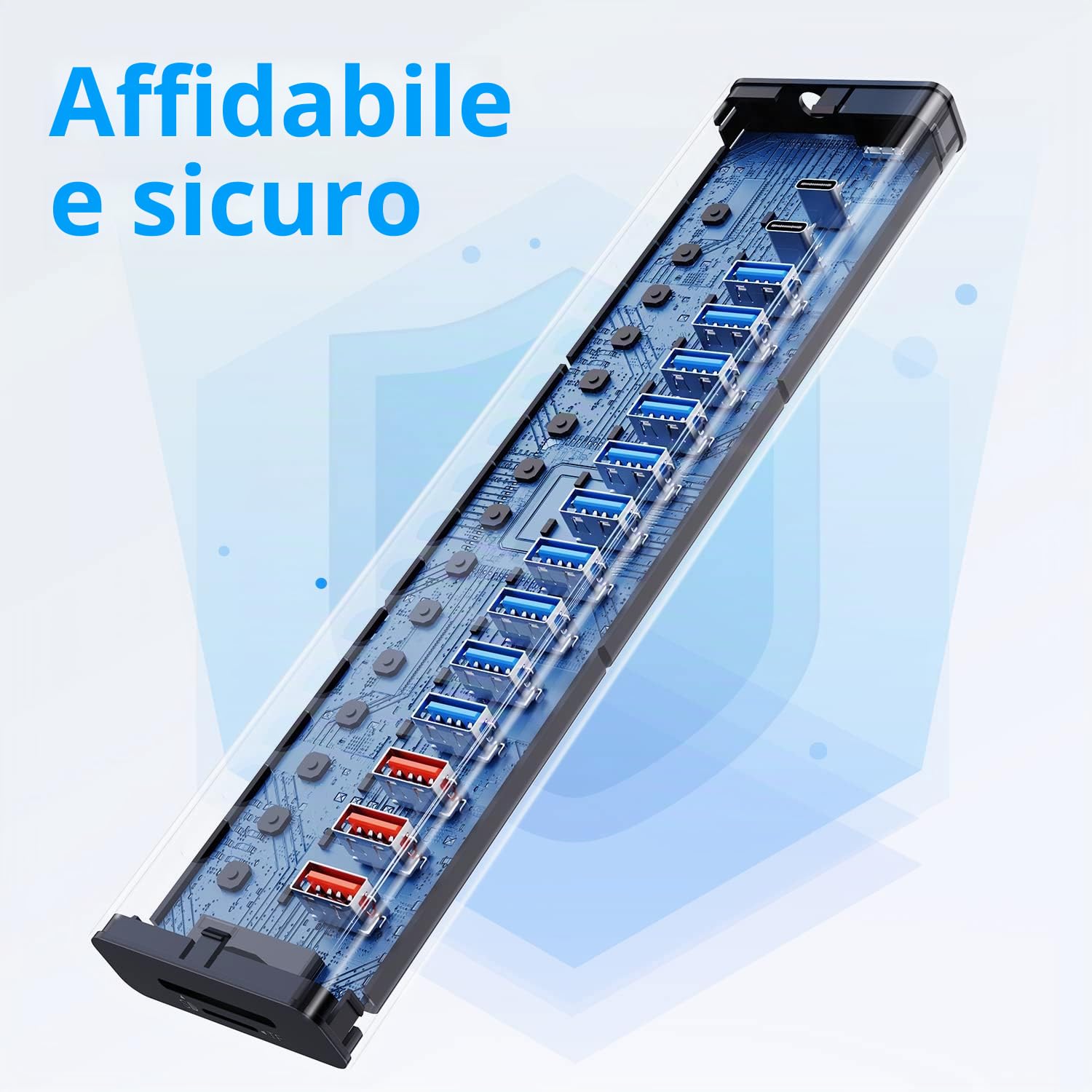 VANGREE Hub USB Alimentato 10Gbps, 17 Porte USB 3.2, Alimentatore 96W | 10x USB-A 3.2, 3x QC 24W, 2x USB-C 3.2, SD/TF, Alimentatore 12V/8A per Laptop, PC, Computer, HDD, Chiavetta USB