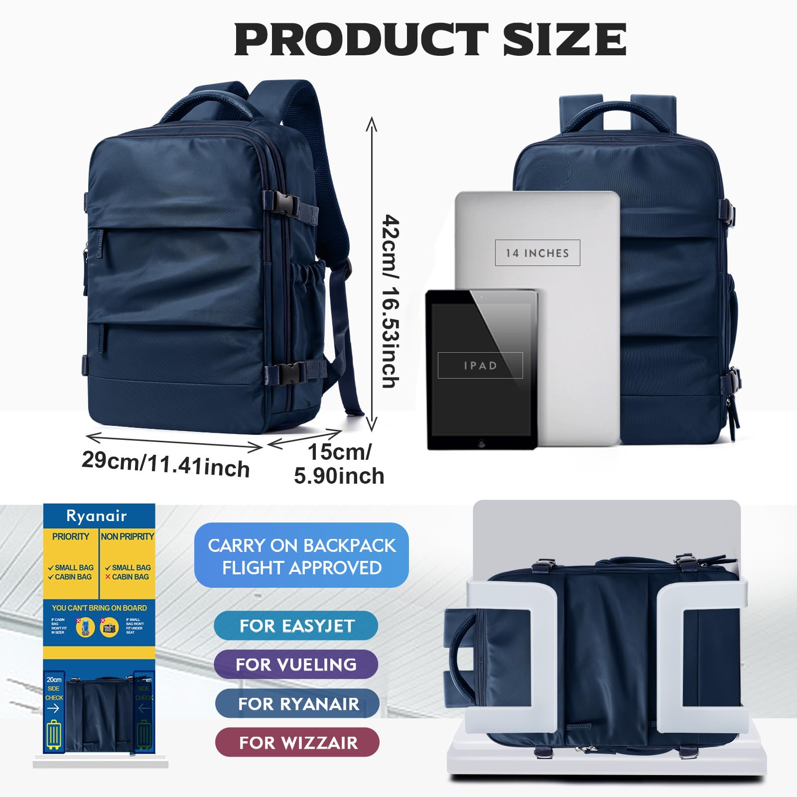 BJLFS Borse da Cabina per Ryanair 40x30x20 Zaino Wizzair Sottovuoto da viaggio 40x20x25 Bagaglio a Mano con compressione sottovuoto,Zaino Easyjet 45x36x20,Zaini Casual per laptop da 14 pollici