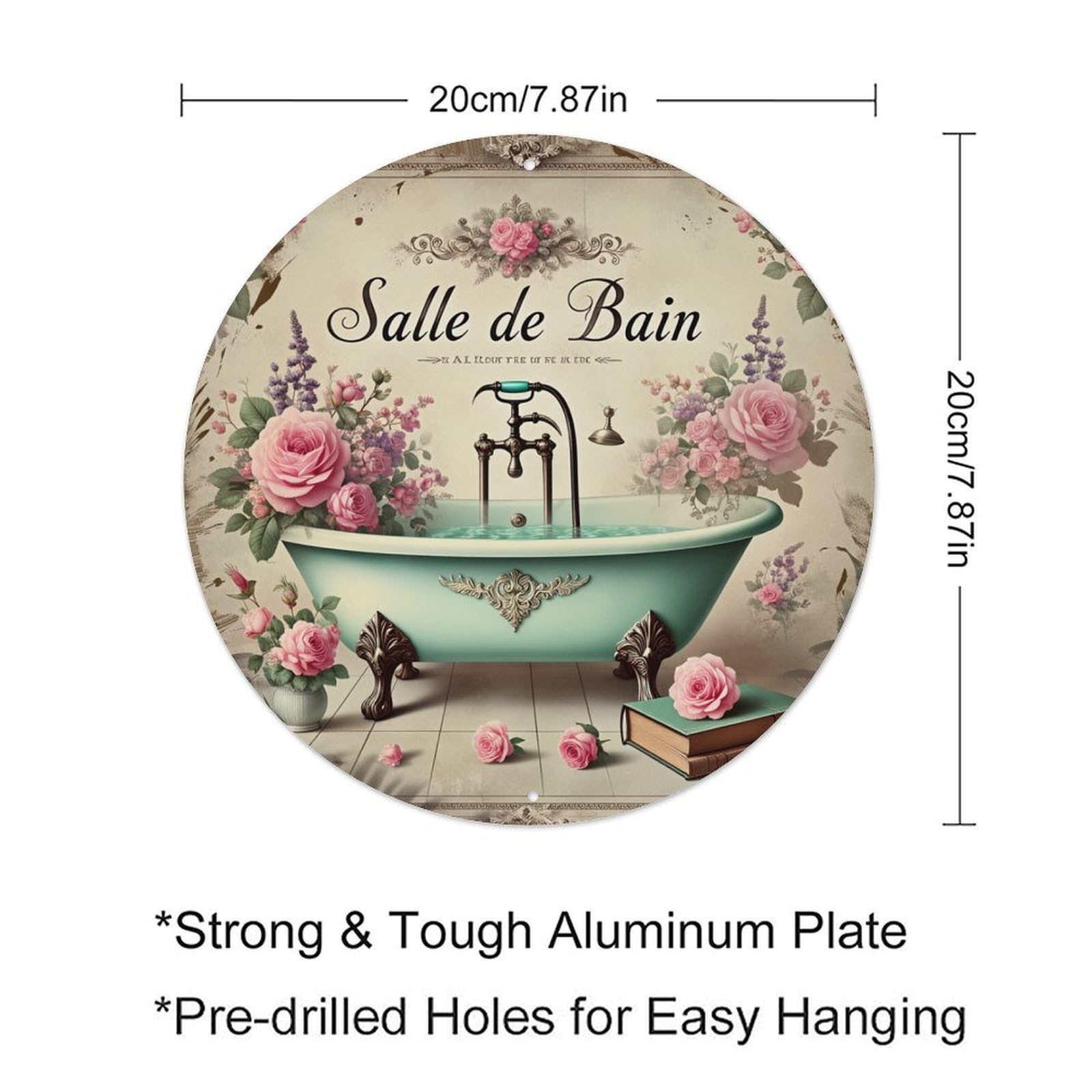 Floral Vintage Bathtub Roses Books Round Tin Sign Retro Metal Sign for Cafe Bar Pub Home Game Room Gym Club Wall Decoration Vintage Metal Poster 8x8 Inch