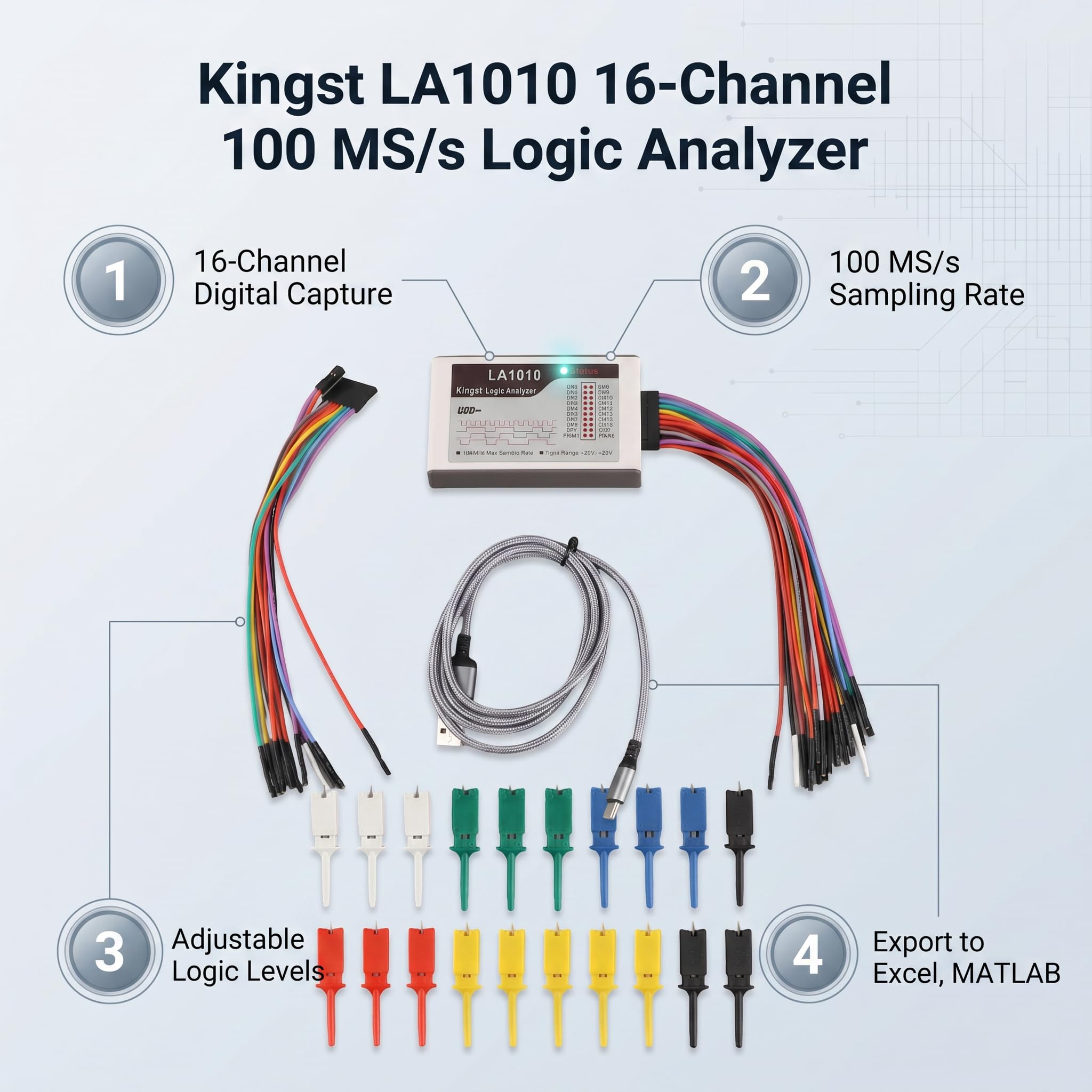 LA1010 16-Kanal Logikanalysator, 100 MHz Abtastrate, Type C Schnittstelle, Streaming-Modus, einstellbare Schwellenspannung -4 bis 4V