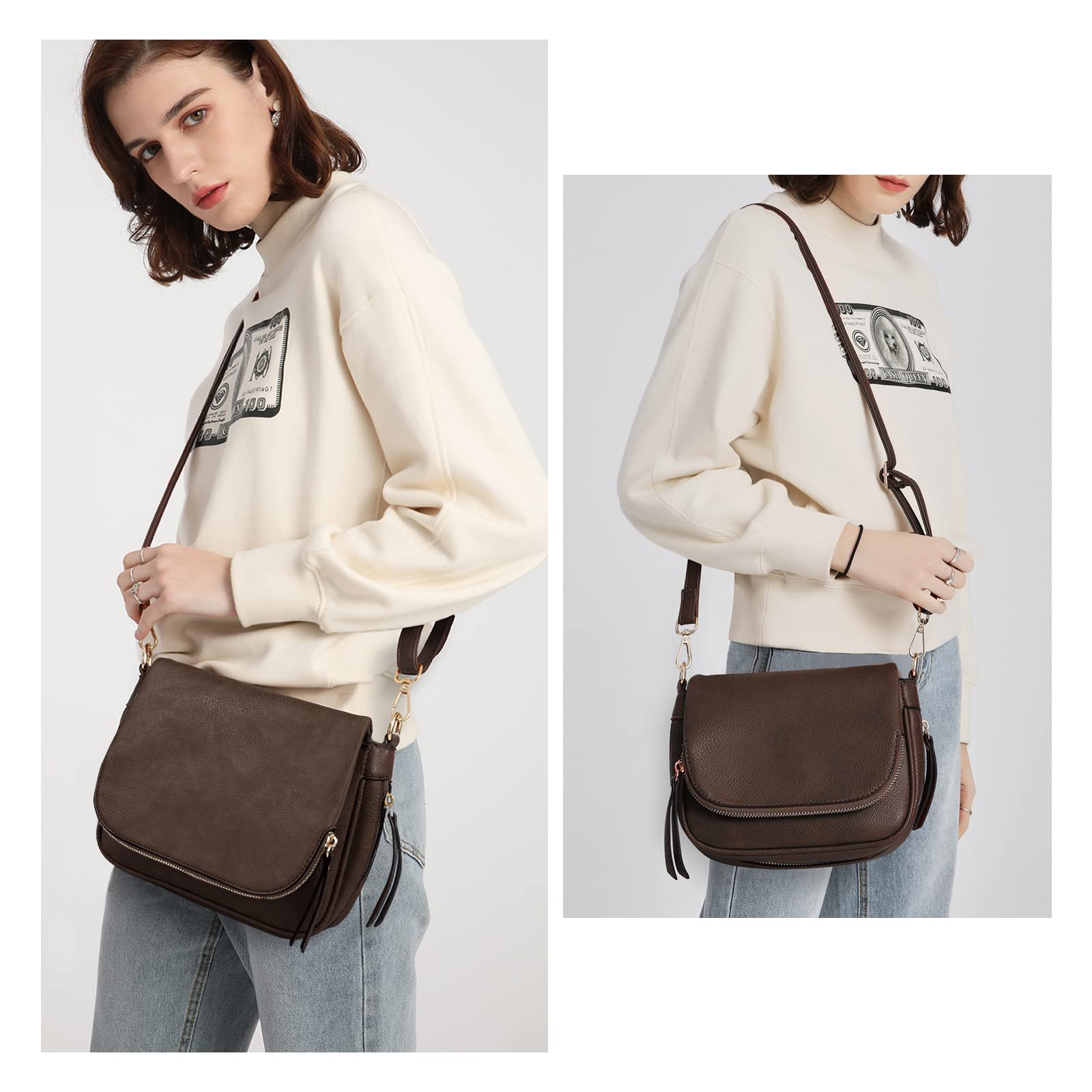 Umhängetaschen für Damen, kleine Umhängetasche aus PU-Leder, mit Überschlag und mehreren Taschen, Kaffee, Small