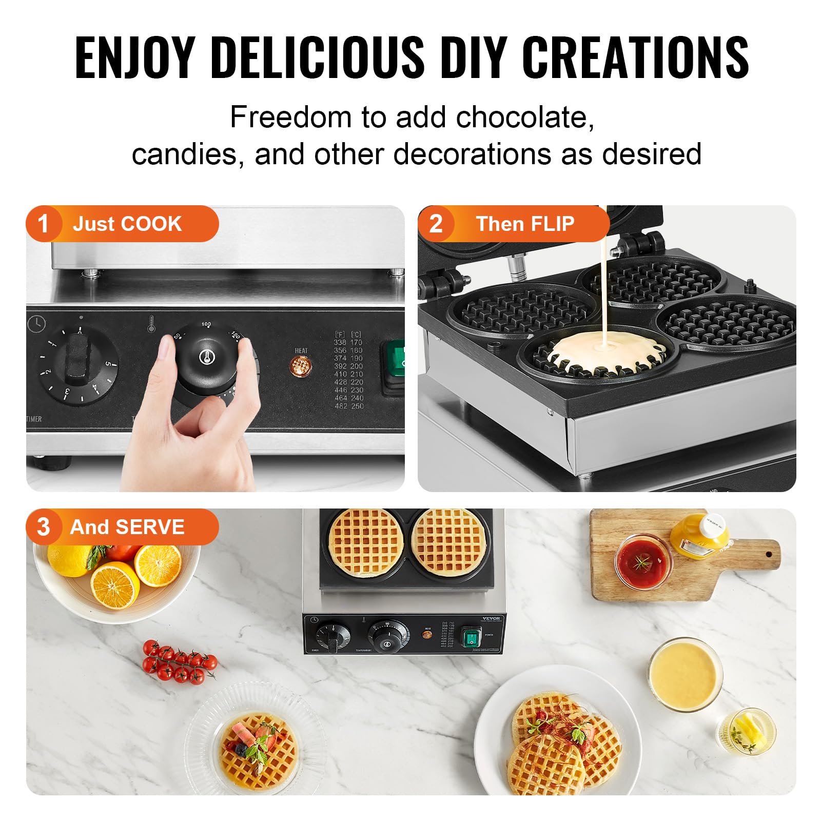 VEVOR Macchina per Waffle Belga Rotonda Commerciale, 4 Pezzi per Waffle, Piastra per Waffle in Acciaio Inox Antiaderente 1750 W con Controllo Temperatura Tempo, per Ristoranti Panetterie Snack Bar
