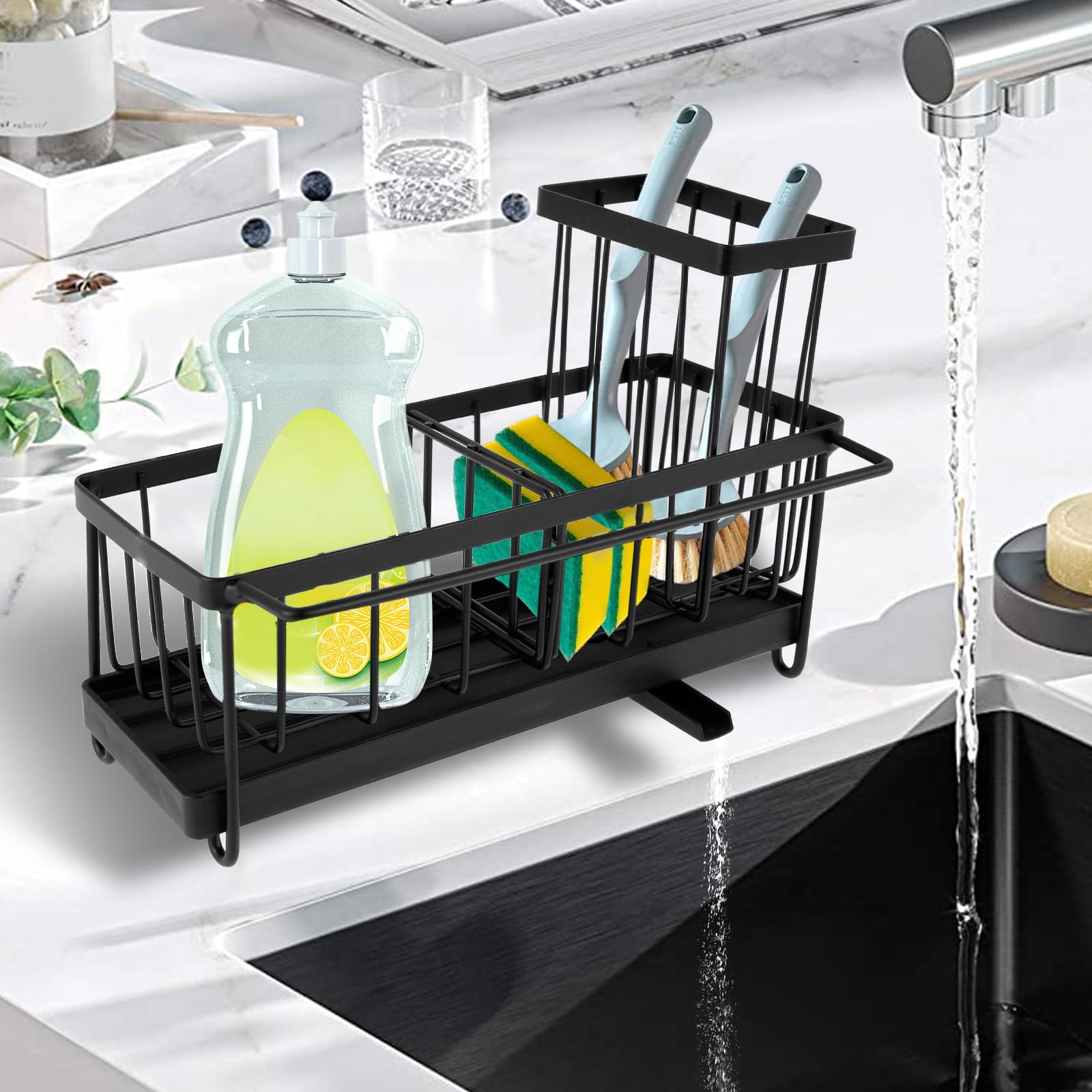 Foppla Black Sink Caddy Sponge Holder Carbon Steel Sink Caddy Organizer With Brush Holder And Adjustable Divider Rustproof Kitchen Sink Organizer Soap Dispenser Storage For Kitchen Sink(Black)
