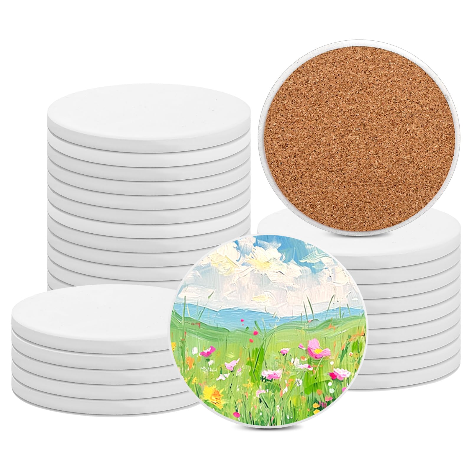 APACALI Ceramic Coasters Set of 25, 10 x 10cm / 4 x 4Inch Ceramic Tiles, Round Ceramic Coasters with Cork Backing Pads, Sublimation Coasters Blank for Inks Art Painting DIY, 7mm Thick