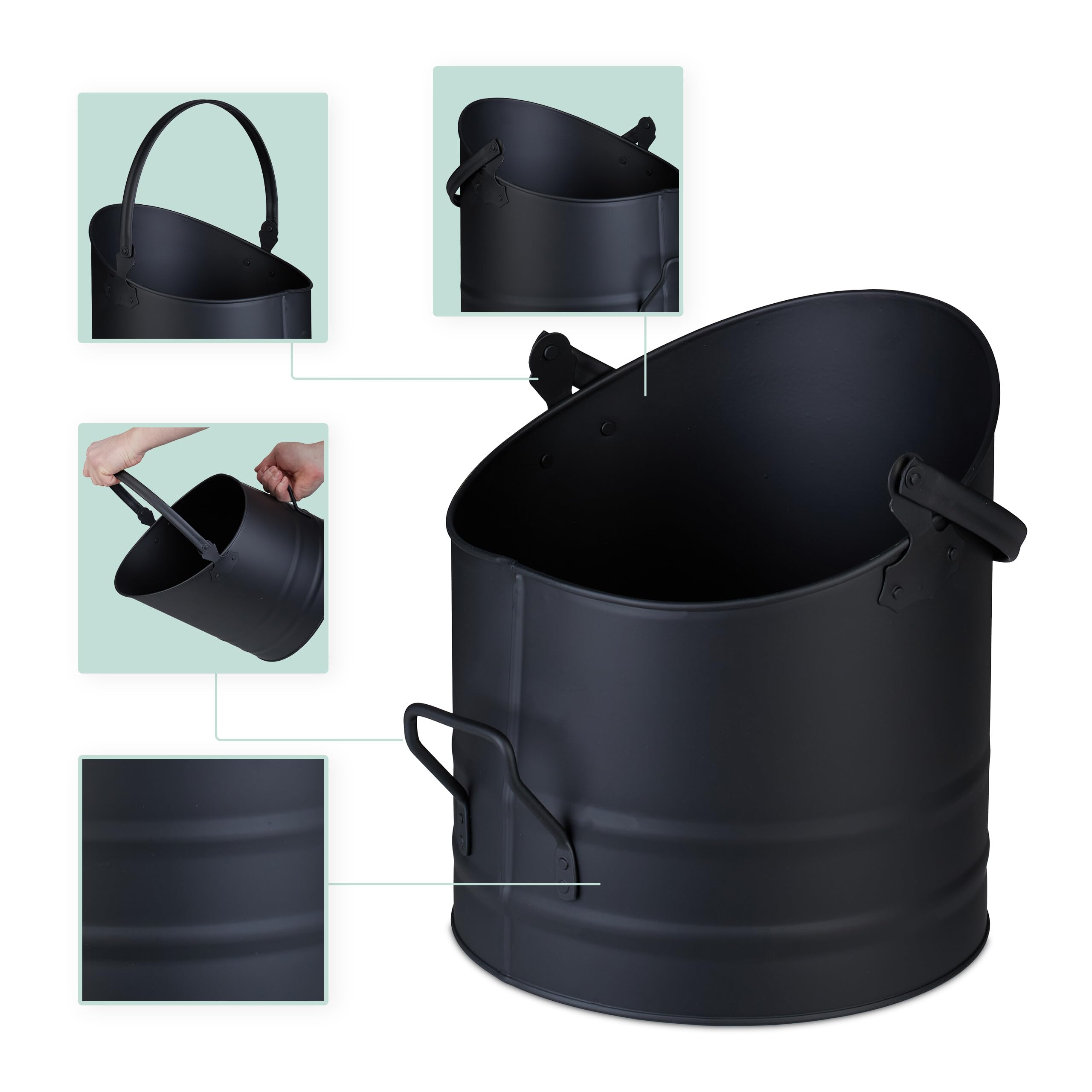 Relaxdays Secchio Raccogli Cenere e Legna da Ardere, Cestello 9,5 L con Scopa e Paletta da Camino, Cestino Ferro, Nero