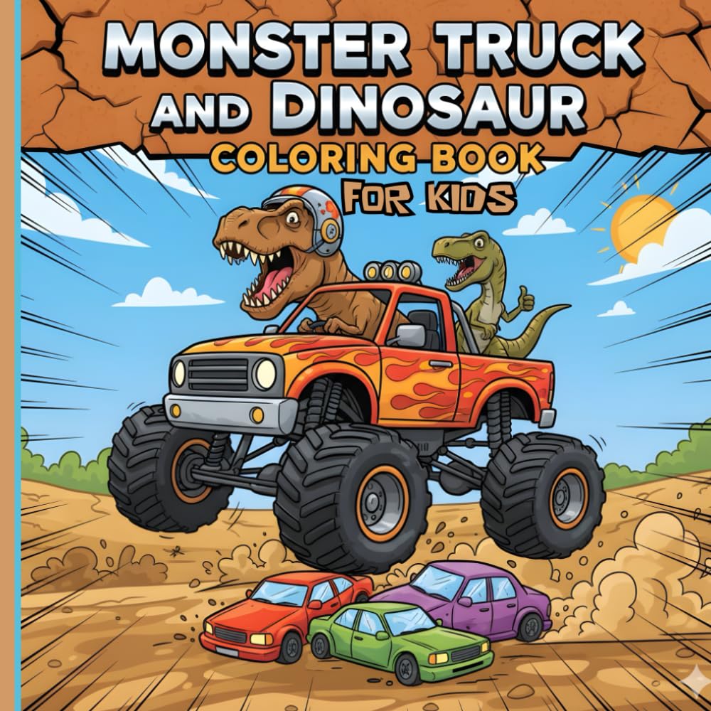 Monster Truck And Dinosaur Coloring Book For Kids: Fun Coloring Pages For Boys and Girls Ages 4-8 Who Love Monster Trucks And Dinosaurs