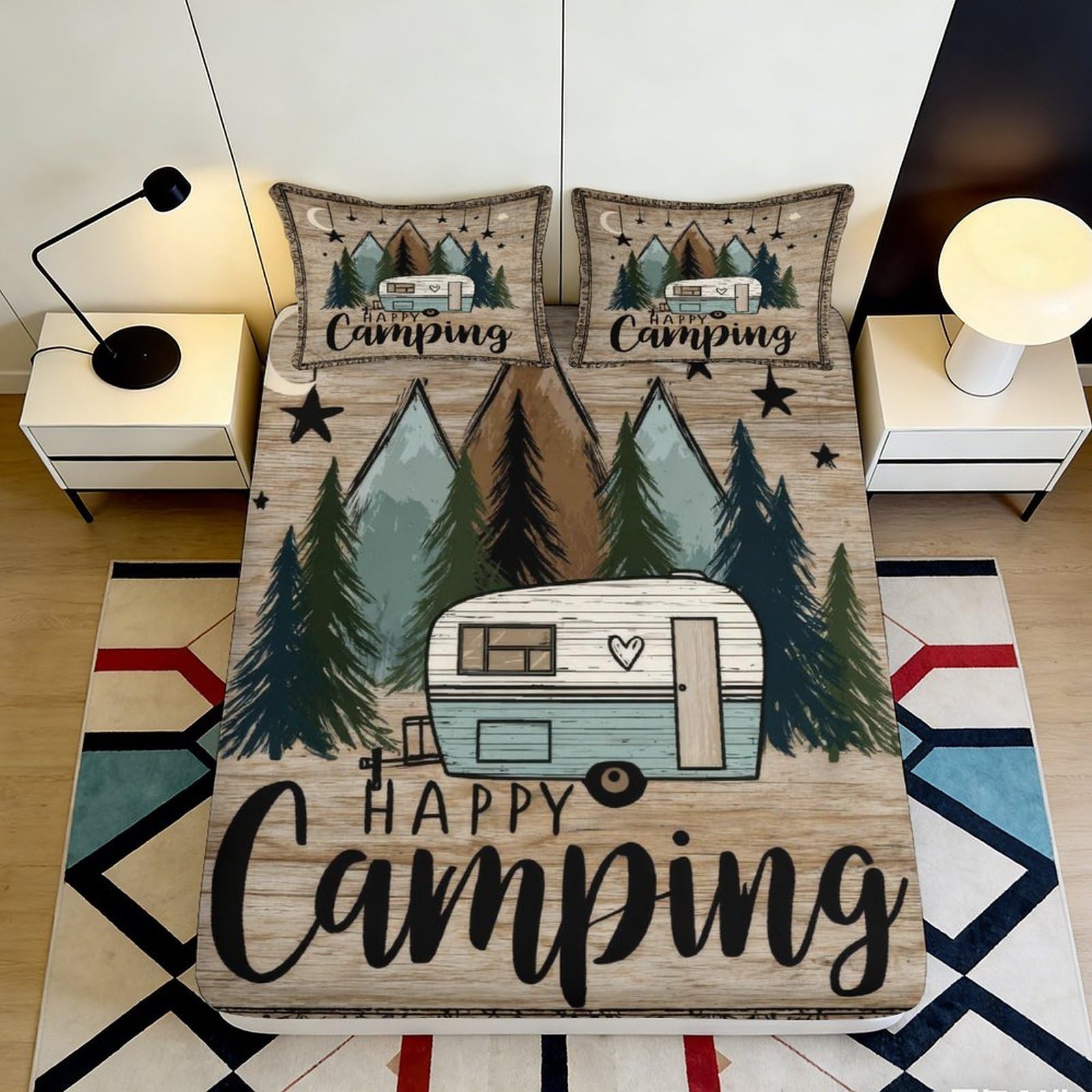 3D Printed Camping Caravan Fitted Sheet Microfiber Soft Durable Starry Sky Bed Cover for Bedroom Dormitory Guest Room Mattress Protection 120x200x25cm
