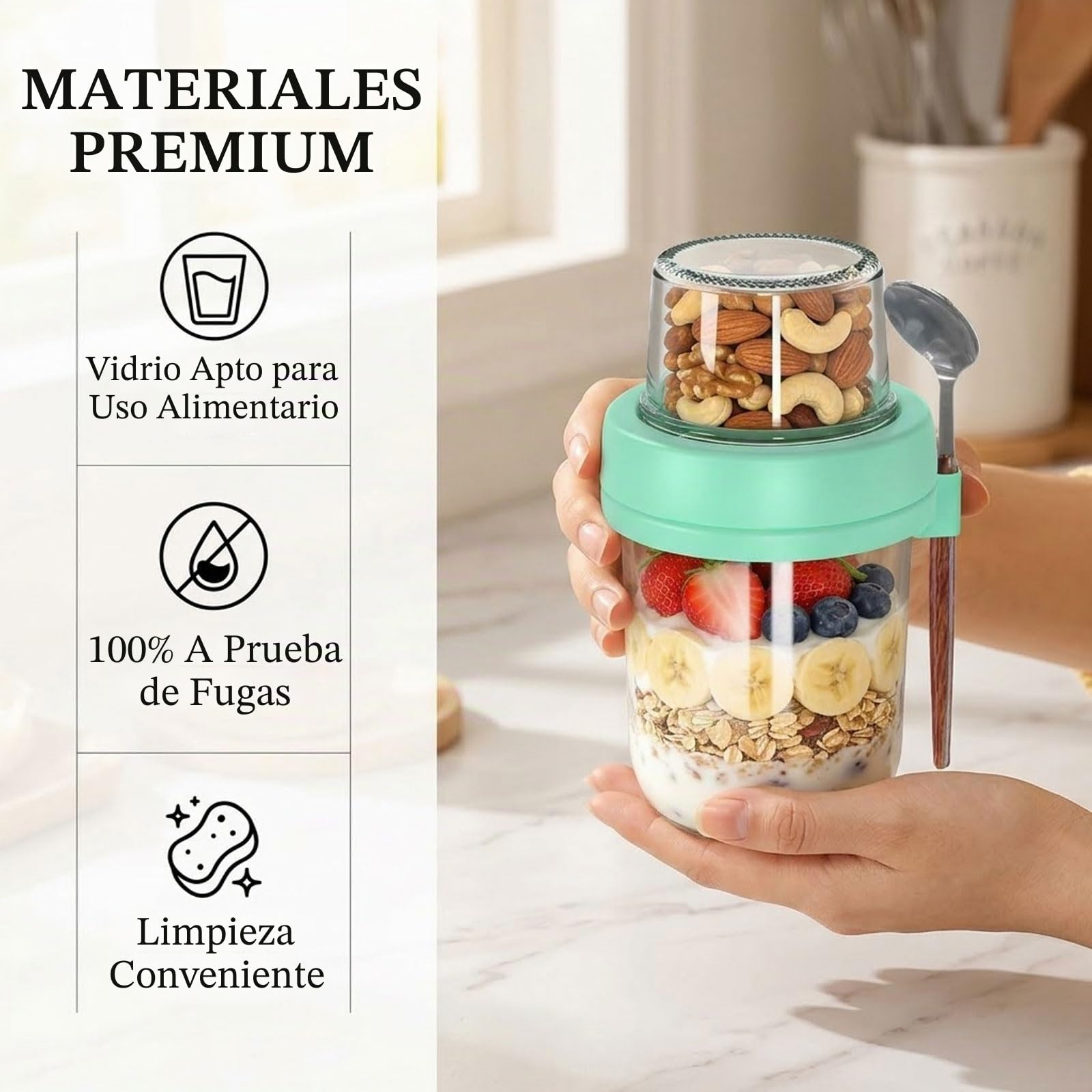 4er Set Overnight Oats Vasos con Tapa y Cuchara – 16oz Envases de Muesli & 4oz Caja de Snack, Vasos de Yogur para Llevar de Vidrio con Doble Cámara, Recipientes de Desayuno para Preparación de