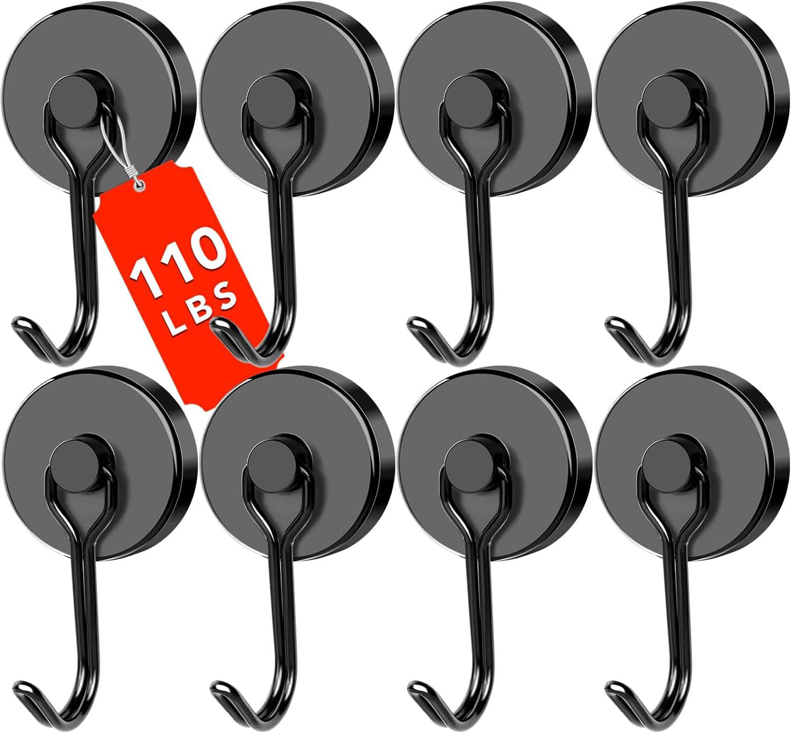 DIYMAG Black Magnetic Hooks, 110LBS Strong Magnetic Hooks Heavy Duty, Cruise Ship Essentials Magnet Hooks with Metal Hook for Hanging Refrigerator Home Kitchen Office, 8Pack