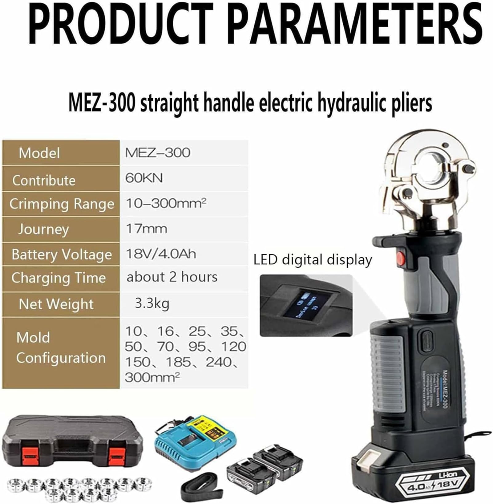 Pince à sertir hydraulique rechargeable 10-300 m², outil de sertissage hydraulique électrique avec 12 paires de matrices, pince à sertir à piles pour bornes en cuivre et aluminium, noir